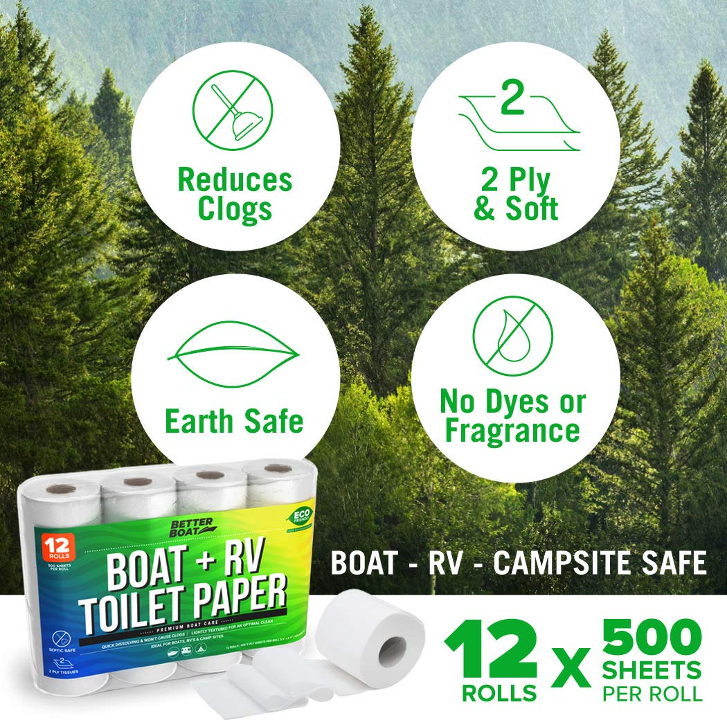 Boat and RV Toilet Paper, Septic Safe Quick Dissolving Tissue, 12 Single Rolls, Biodegradable 2-Ply for Marine, Travel, and Camper Systems, Camping Tank-Safe Bulk Pack