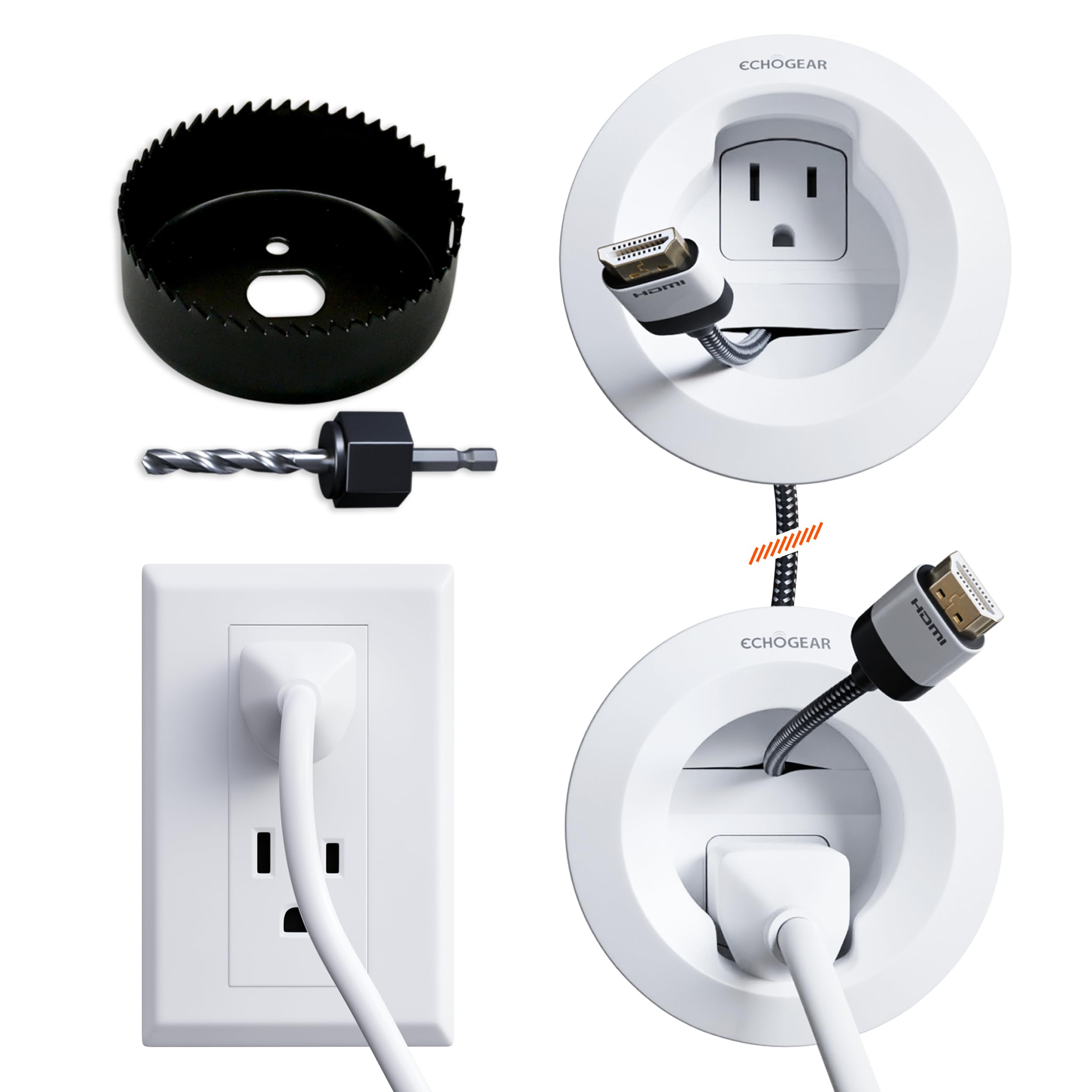 مجموعة إيكوجير (ECHOGEAR) لإدارة الكابلات داخل الجدار لأسلاك الطاقة والجهد المنخفض - إخفاء أسلاك التلفزيون خلف الجدار - تتضمن وحدات بقطر 3.75 بوصة وعمق 3.25 بوصة، وسلك تمديد بطول 6 أقدام، وقطعة منشار ثقب للحوائط الجافة