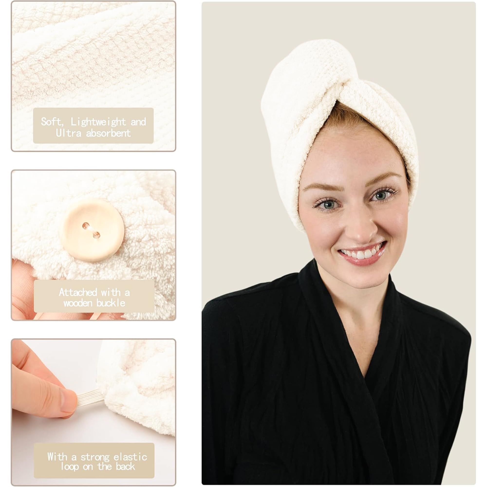 ROLSHOL Extra Large 4 Pack Microfiber Hair Towel Wrap for Women Super Absorbent & Quick Dry Hair Drying Towels with Button, Hair Turbans for Curly Hair Long & Short Hair - Anti-Frizz
