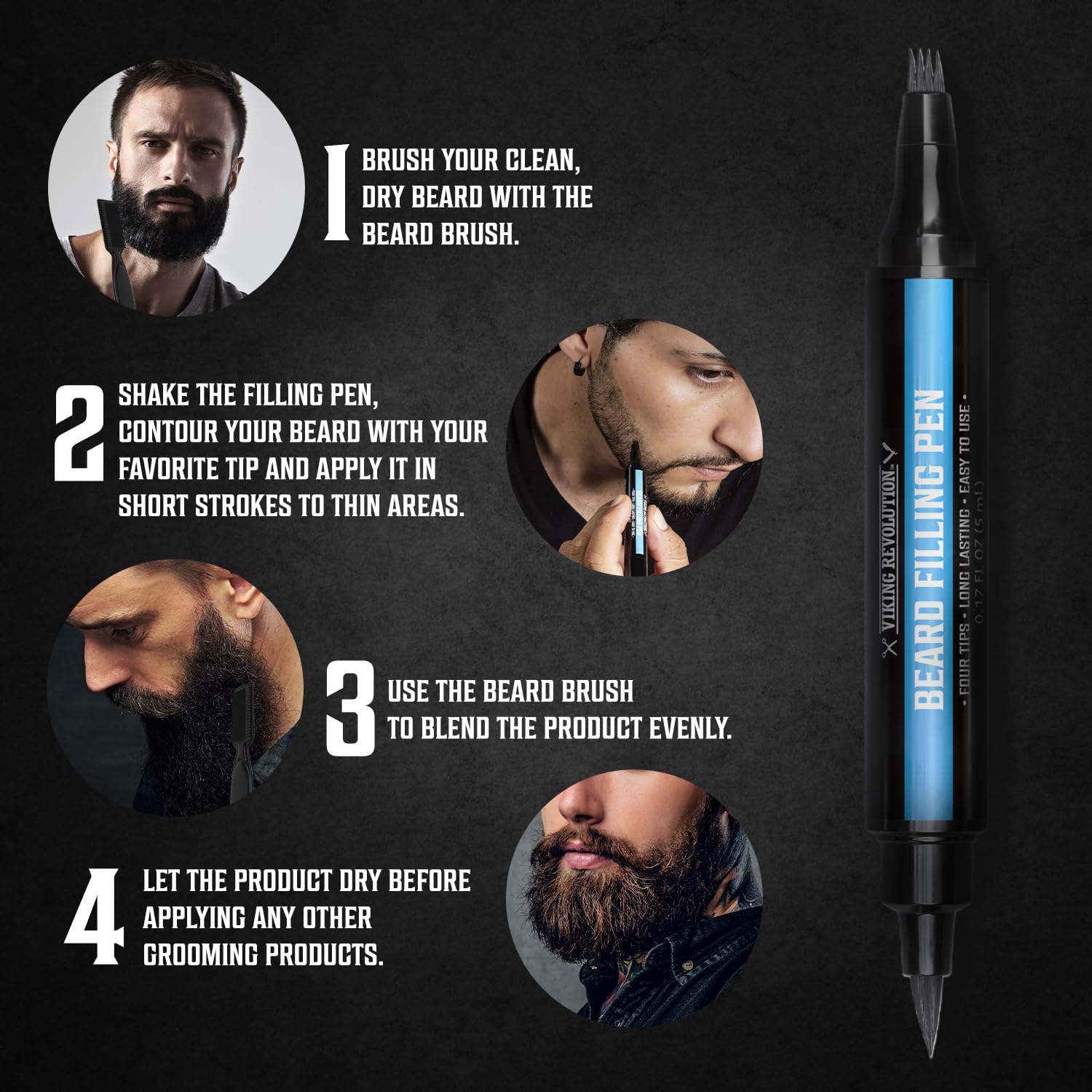 Viking Revolution Beard Pen (2 Pack) - Black Beard Pencil Filler for Men Lapiz para Barba de Hombre - Beard Filler for Men Waterproof Beard Filling Pen Kit - Long Lasting Beard Filler Pen with Brush