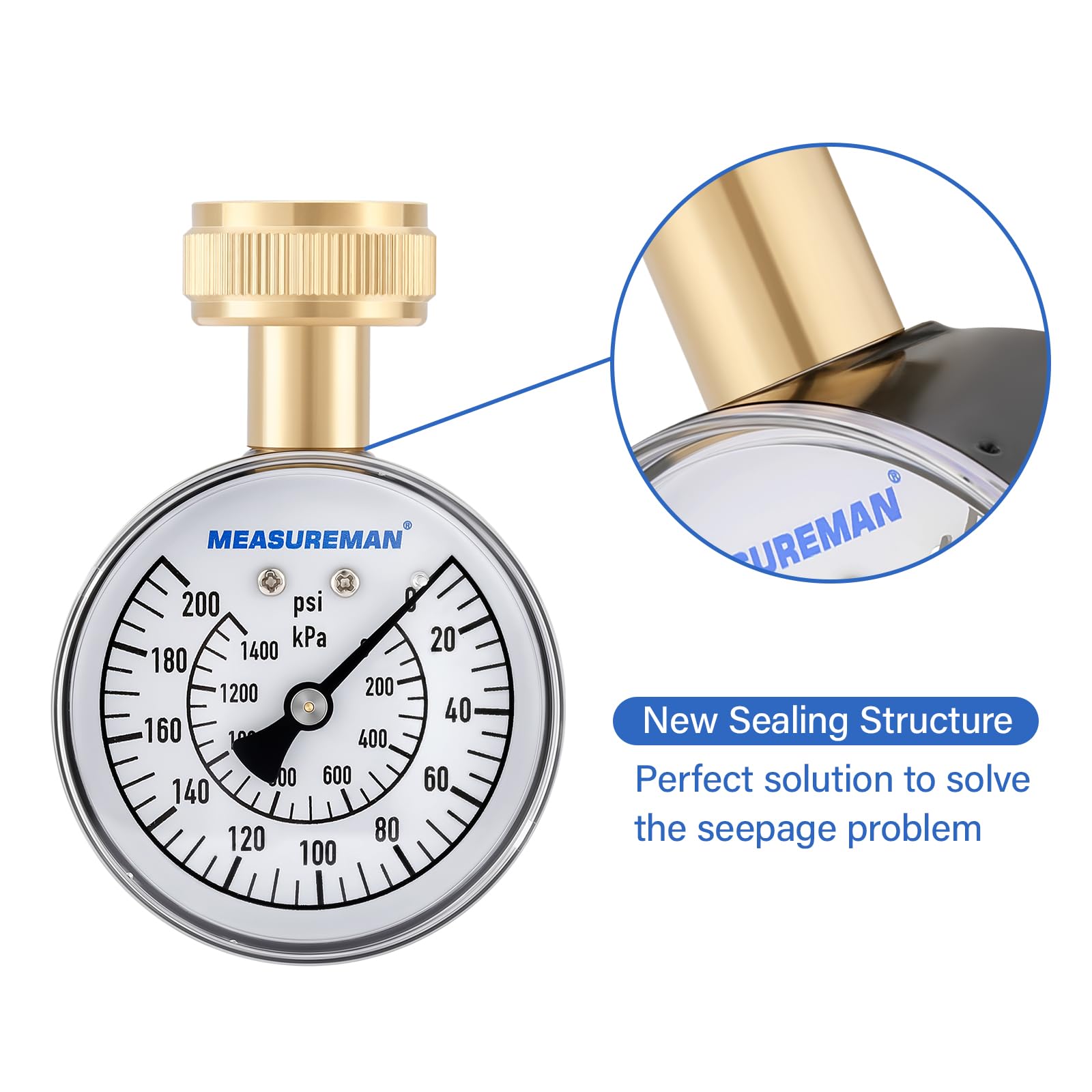 MEASUREMAN 0-200 PSI Water Pressure Gauge, 2-1/2'' Dial, Hose bib Pressure Gauge, Home Water Pressure Tester, Durable 3/4” Hose Thread, Water Pressure Gauge for Home