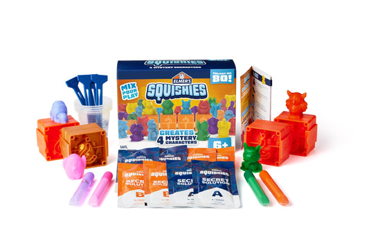 Elmer's Squishies Kids’ DIY Activity Kit, Create 4 Mystery Characters, 24 Piece Kit for Ages 6 and Up, Perfect for Stress Relief and Sensory Play