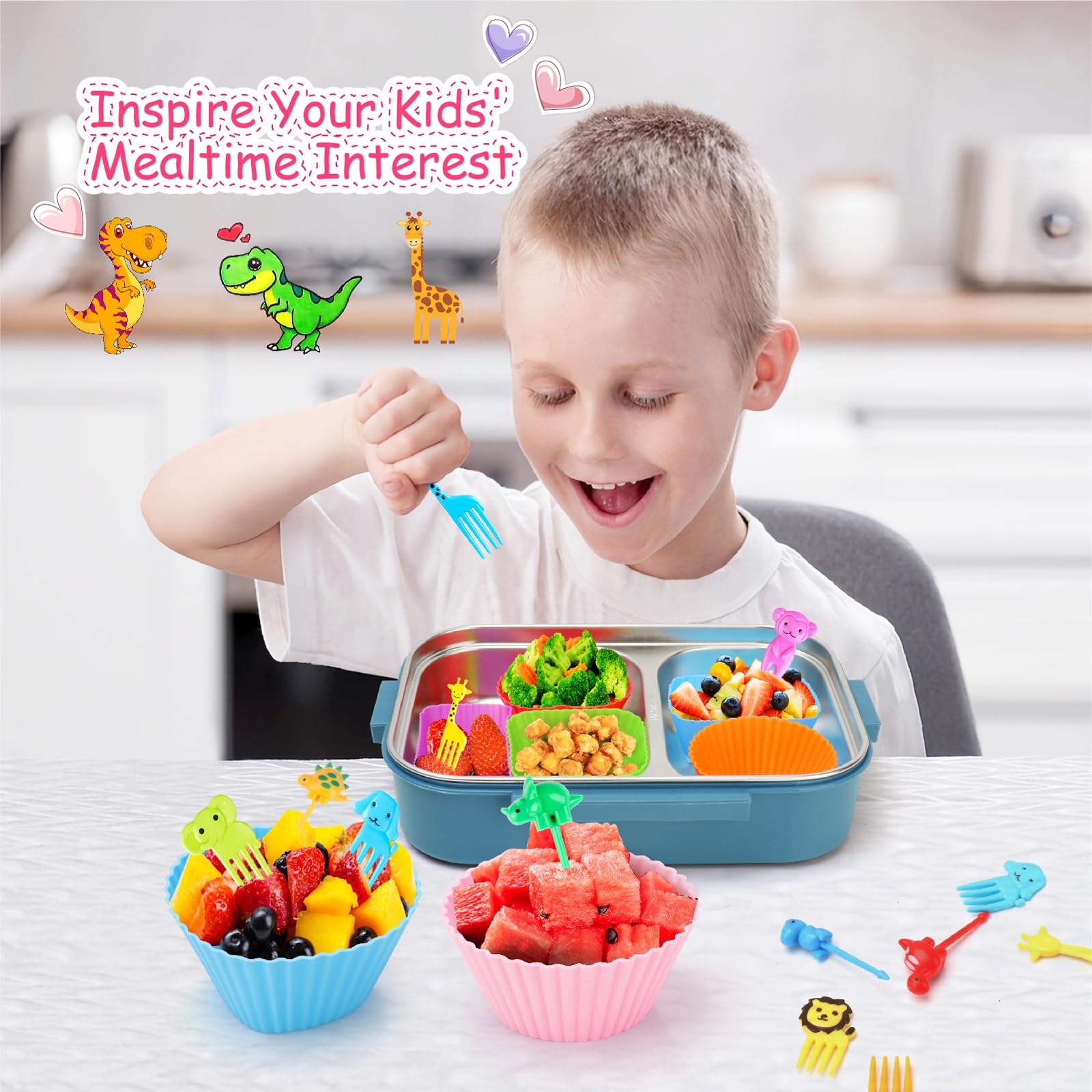 100PCS Silicone Lunch Box Dividers for Kids Lunch Accessories Set, Including 24 Reusable Silicone Cupcake Liners Baking Muffin Cups with 76 Animal Food Picks for Kids, Lunchbox Bento Box Accessories