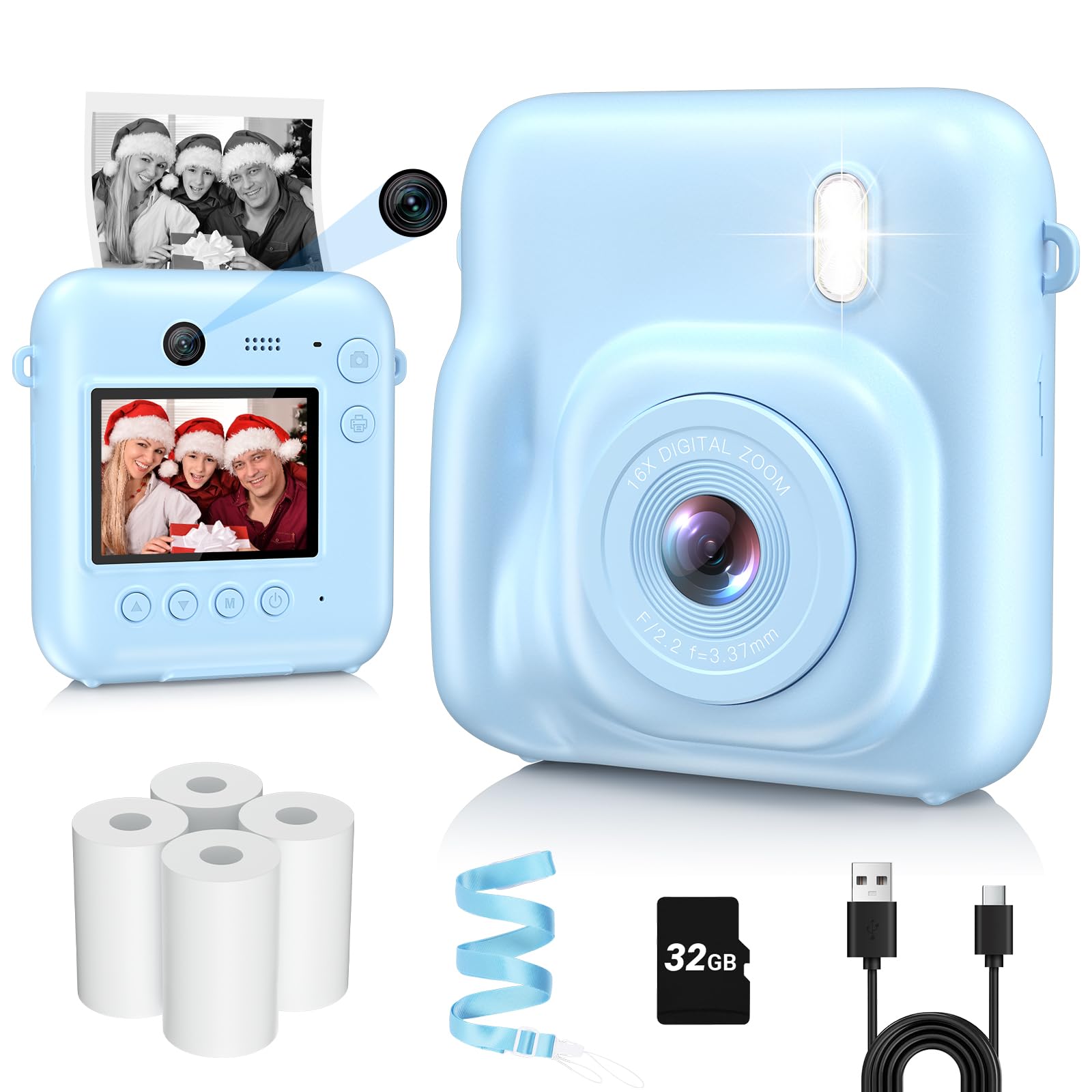 Kids Camera Instant Print, Dual-Lens 48MP Digital Camera for Christmas Birthday Gifts, 1080P Selfie Instant Cameras for Kids with 32GB Card, Instant Print Digital Camera for Girls Boys-Blue