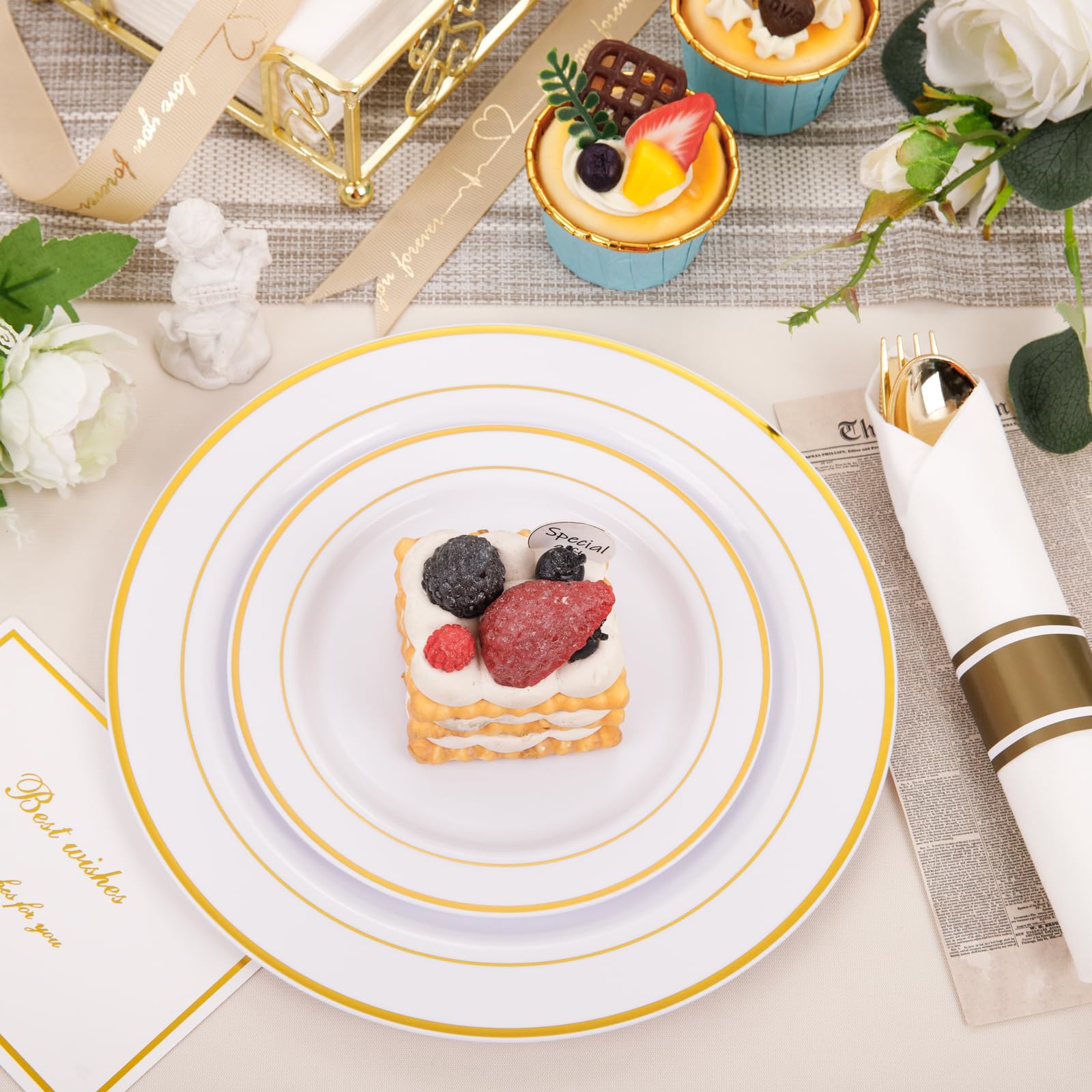 WDF Partyware 350Piece Gold Dinnerware Set for 50 Guests - Gold Plastic Plates with Disposable Cutlery Include:50Dinner Plates-50Dessert Plates-50Pre Rolled Napkins with Silverware for Thanksgiving