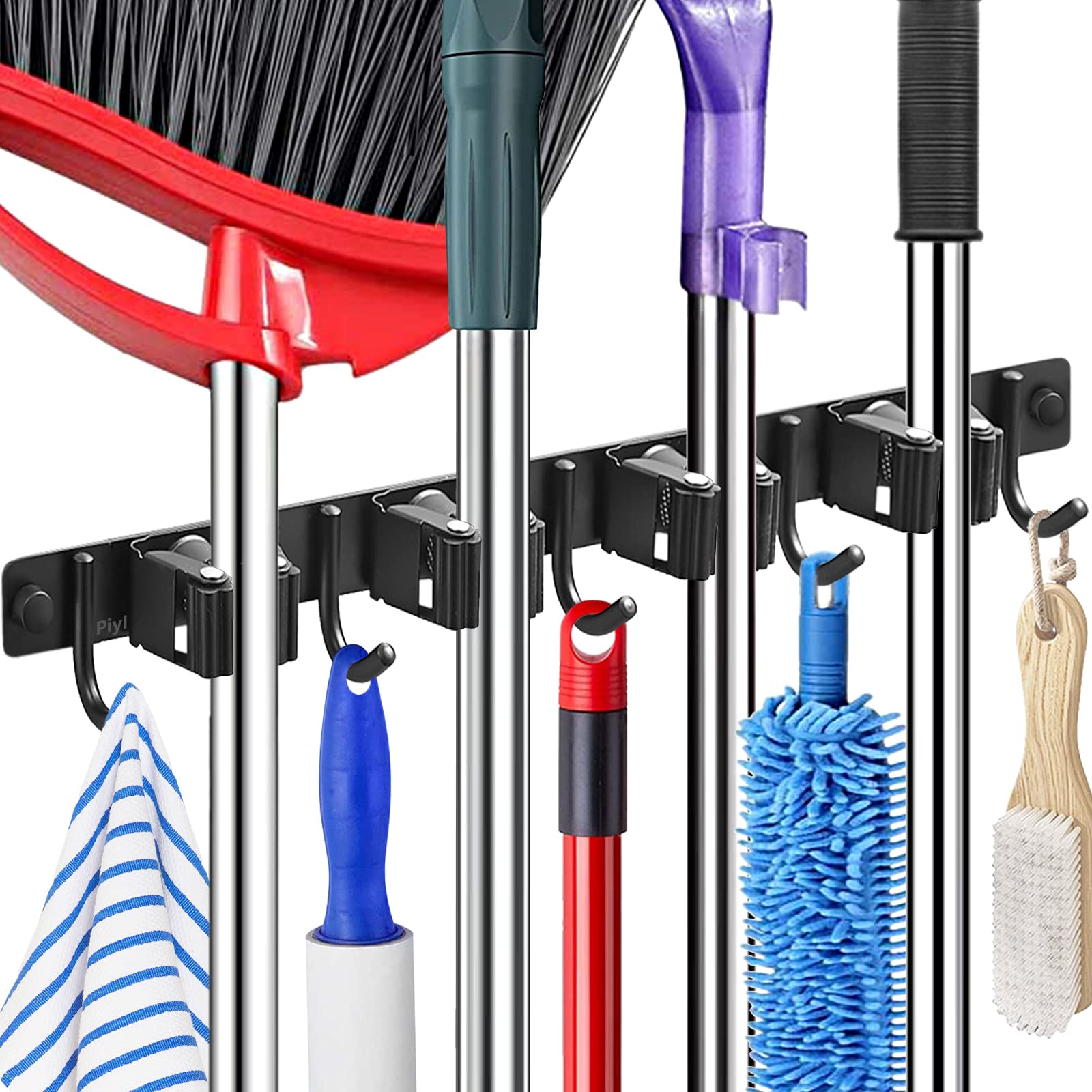 Piyl Broom Mop Holder Wall Mount Broom Hanger Wall Mounted Metal Organization Garage Storage Garden Kitchen Tool Organizer With 4 Racks and 5 Hooks (Black, 1 Pack 4R5H)