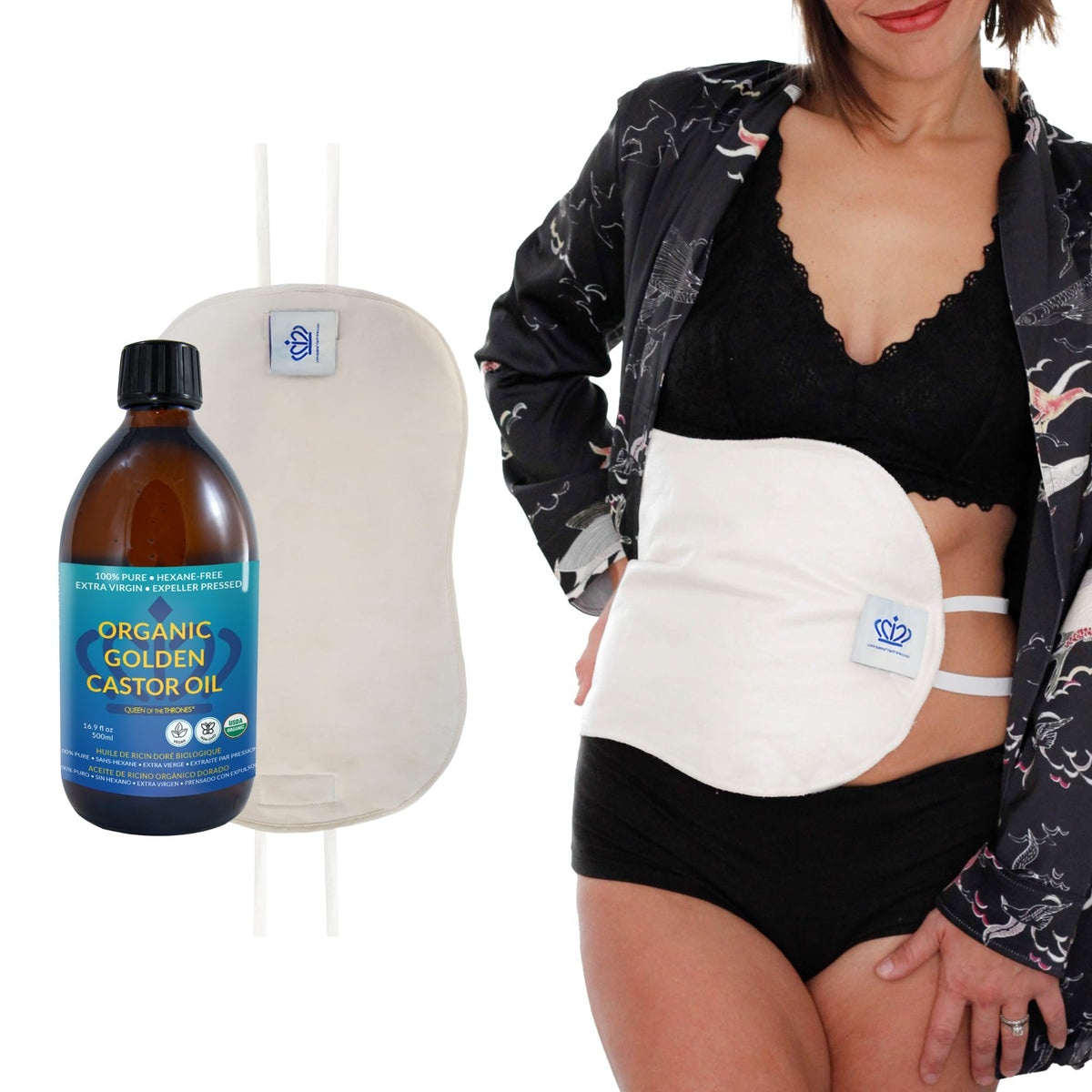 QUEEN OF THE THRONES Castor Oil Pack for Liver Kit - Heatless, Less-Mess, Reusable - Organic Cotton Flannel, Comfort Fit, Soft Straps & Naturopathic Doctor Designed (16.9 oz Castor Oil Included)