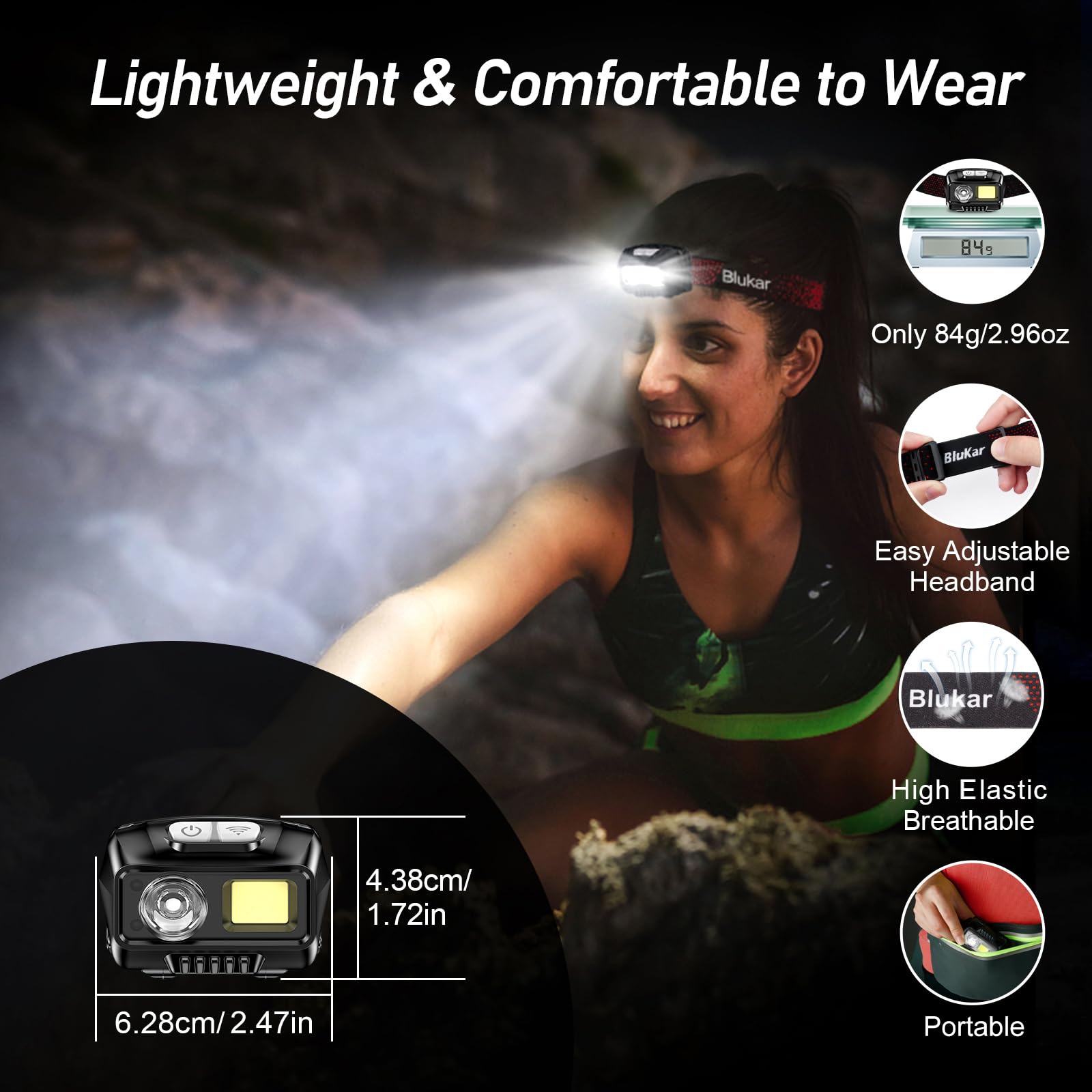 Blukar LED Headlamp Rechargeable,2000L High Lumen Super Bright Dimmable Headlight Flashlight with Motion Sensor- 8 Modes,Spotlight&Floodlight,IPX5 Waterproof for Camping,Hiking,Running,Fishing -2 Pack