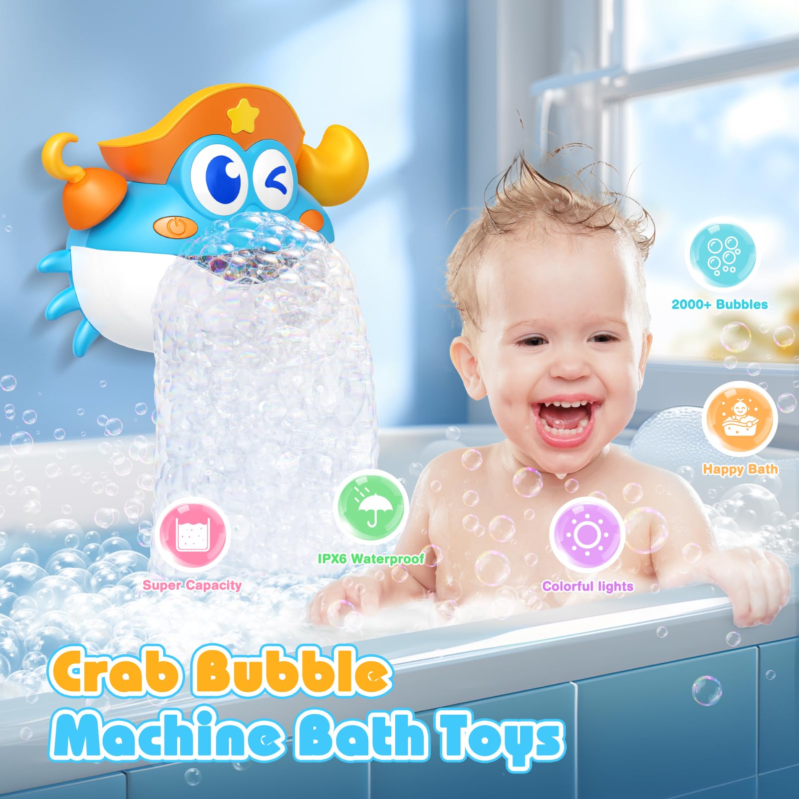 Bath Toys,Crab Baby Bath Toys Light Up Bath Bubble Machine with Colourful RGB Light Great Birthday Gift for Boys and Girls Toddler Toy for Kids Ages 1-3 4-8