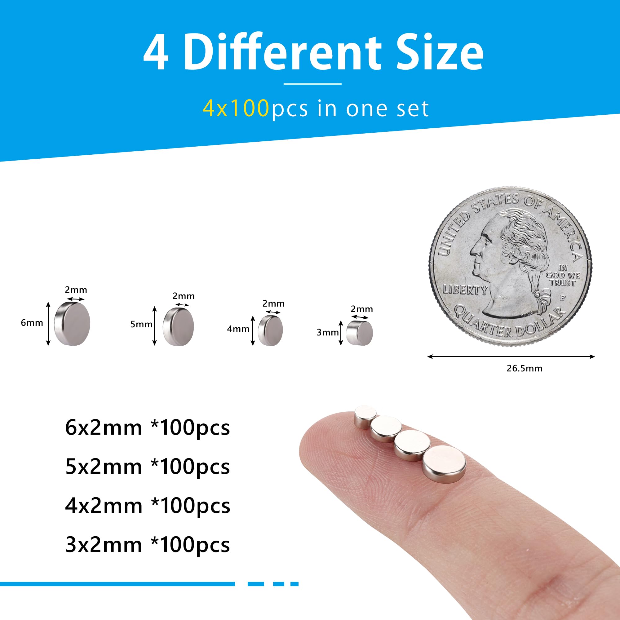 RHINOCATS 400Pcs Small Magnets, 4 Different Sizes Tiny Mini Magents, Multi-Use for Fridge, DIY, Office, Hobbies, Crafts and Science
