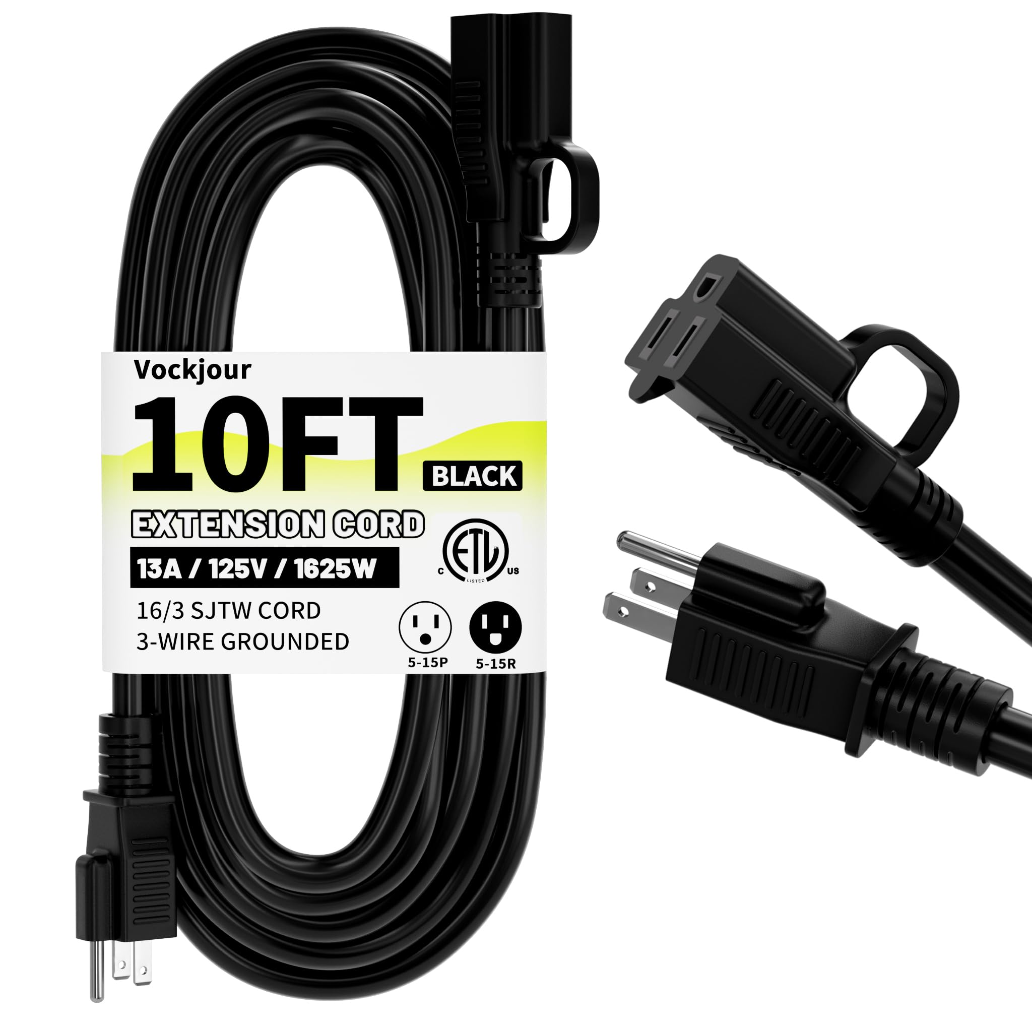 16/3 Black Indoor Outdoor Extension Cord 10 Ft Waterproof, Heavy Duty Extension Cord with 3 Prong Grounded Plug,13A 1625W 16AWG SJTW, Flexible Weatherproof Power Cable for Offices, Gardens and Lawns