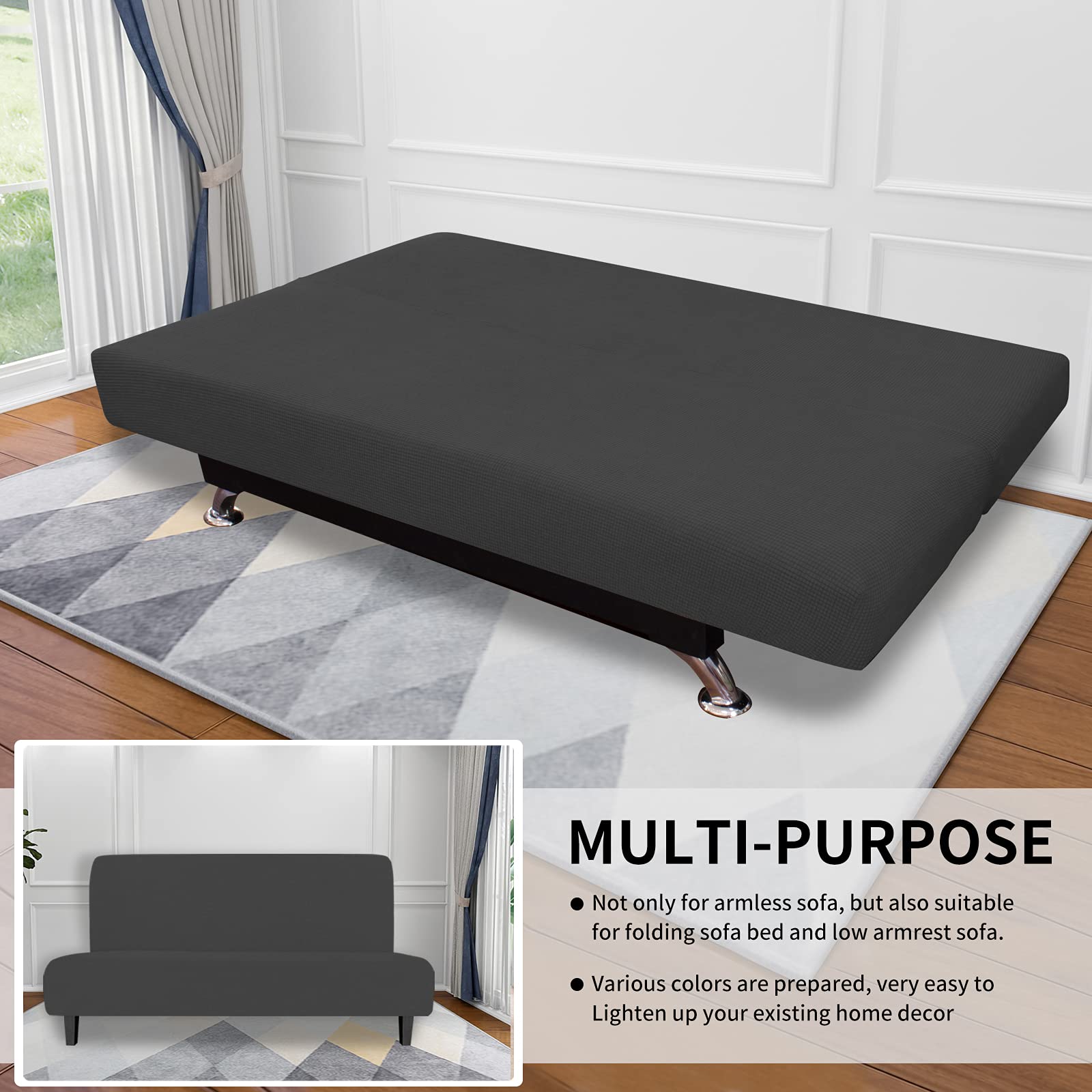 Easy-Going Stretch Futon Slipcover Armless Futon Bed Cover Furniture Protector Without Armrests with Elastic Bottom for Kids, Soft Jacquard Fabric Small Checks (Large, Dark Gray)