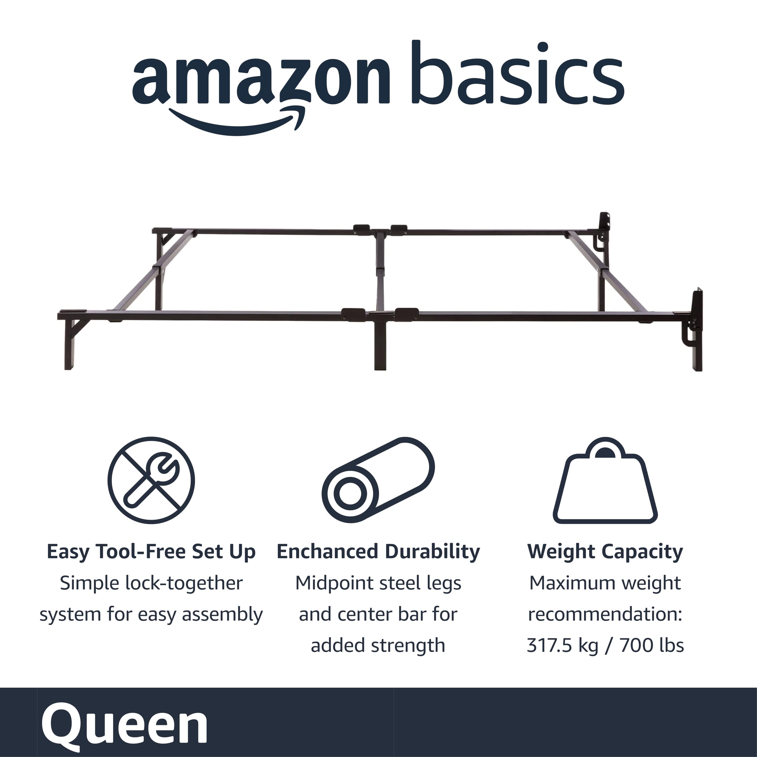 Amazon Basics Metal Bed Frame, 9-Leg Base for Box Spring and Mattress, Queen, Tool-Free Easy Assembly, 79.5" L x 59.5" W x 7" H, Black