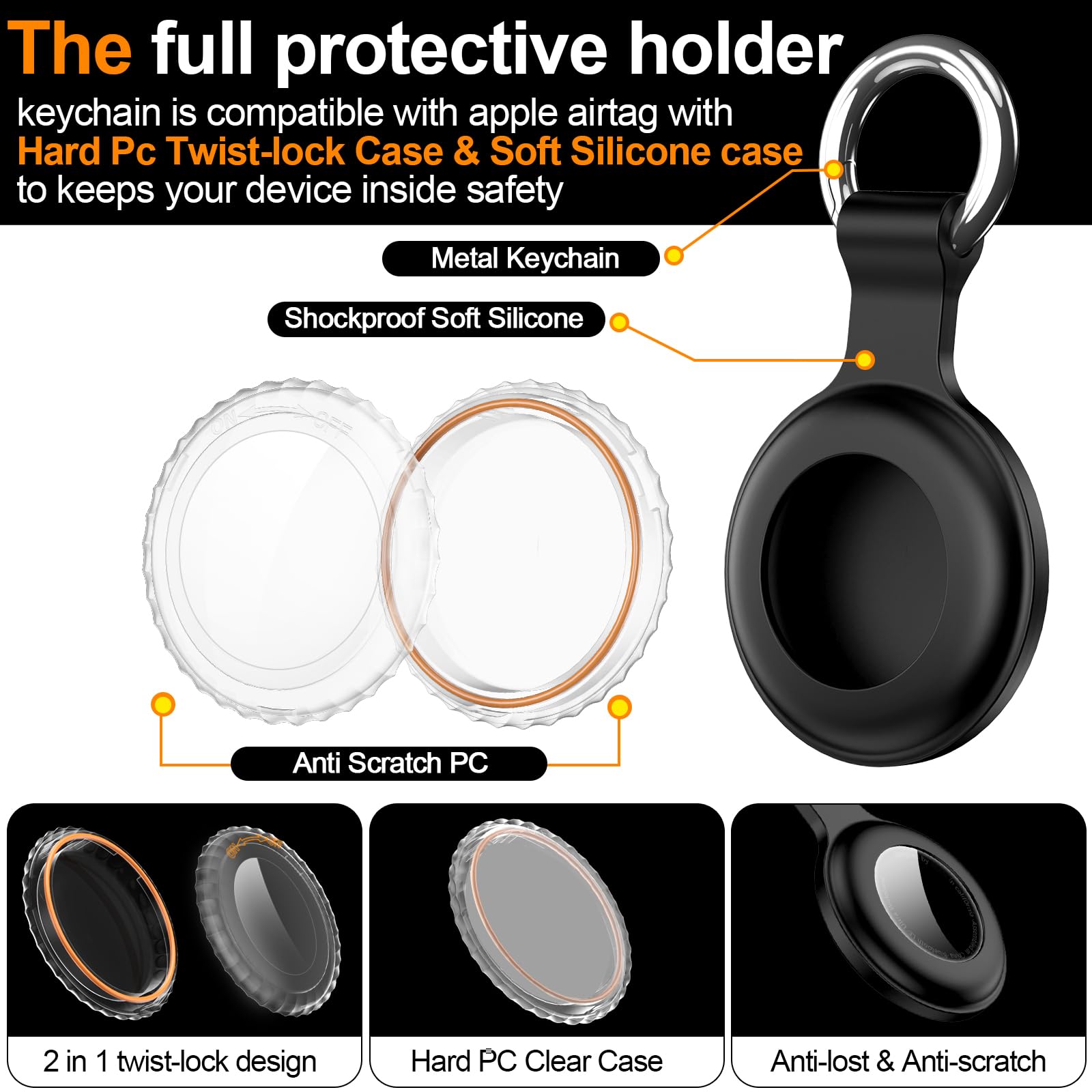 4Pack,Compatible with Airtag Holder Case with Keychain IPX8 Waterproof,Shockproof GPS Tag Tracker Cover [Anti-Scratch] [PC+Silicone] for Item Finders Case for Pets,Kids,Luggages-Black/Blue/Green/Red