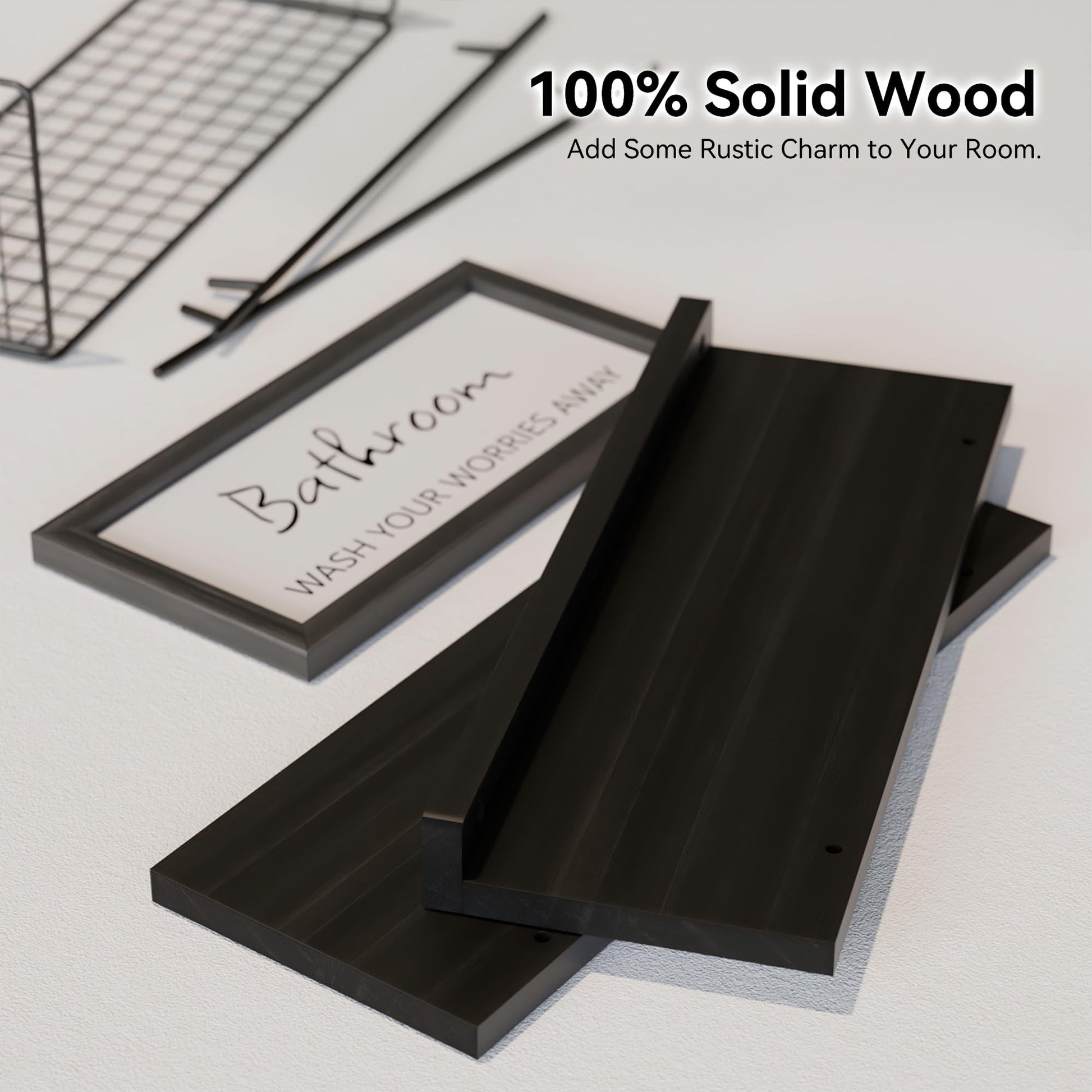 WOPITUES Floating Shelves for Bathroom Wall Decor Sign, Bathroom Organizers and Storage, Bathroom Shelves Over Toilet with Metal Guardrail-Black