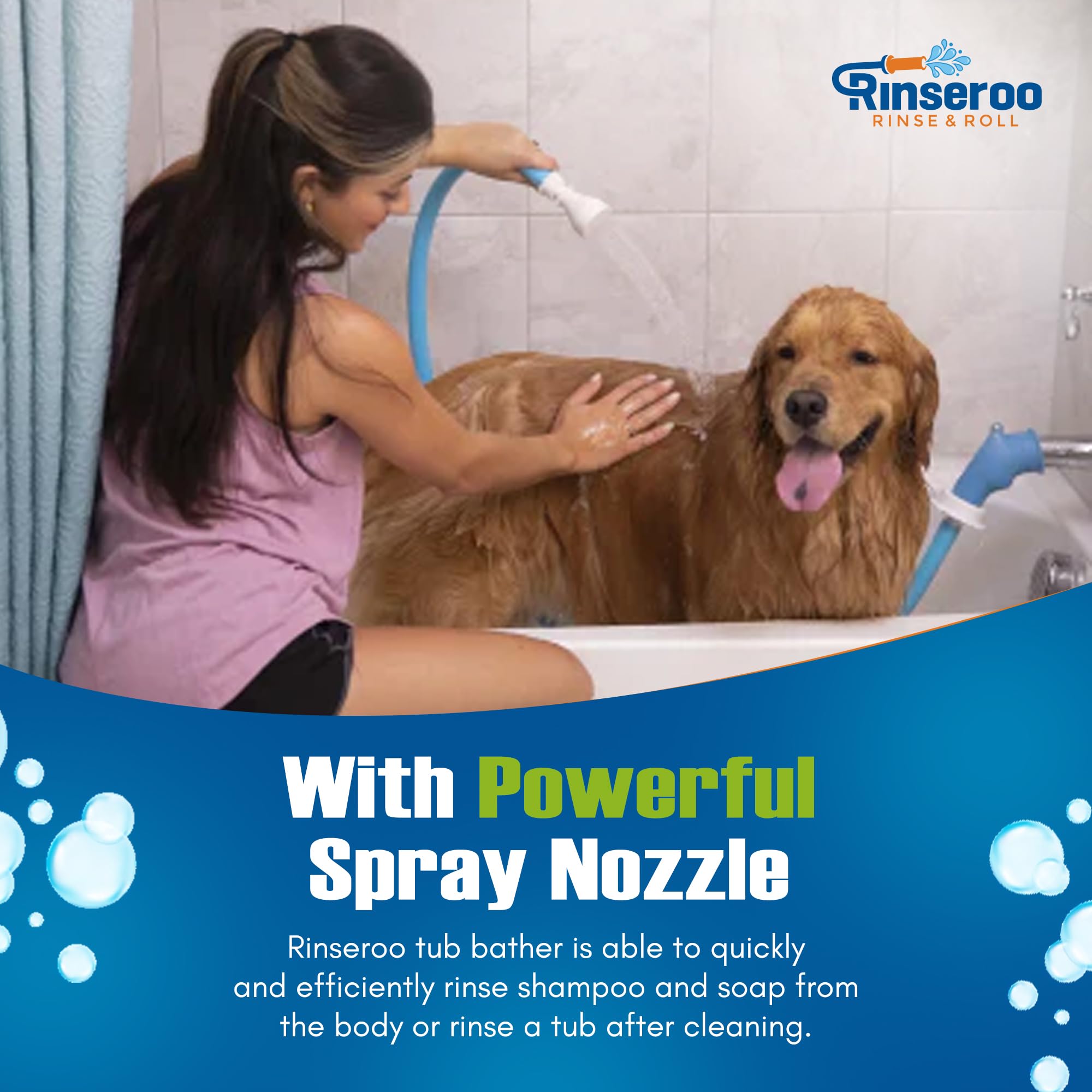 Rinseroo: Slip-On Tub Hose – As Seen on Shark Tank – 5ft Flex Bathtub Faucet Sprayer – Easy Rinse for Pets, Hair & Cleaning – No Installation Needed – Fits Faucets Up to 3” Wide – Mess-Free & Portable