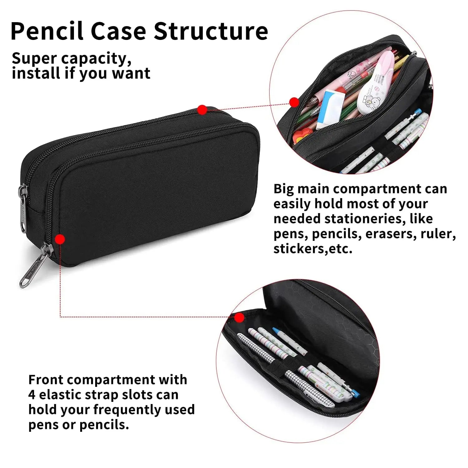 Della Gao Pencil Case Large Capacity Pencil Pouch Aesthetic Pencil Box for Office Stationery Organizer, Simple Sturdy Multifunctional Pencil Bag for Men - Black