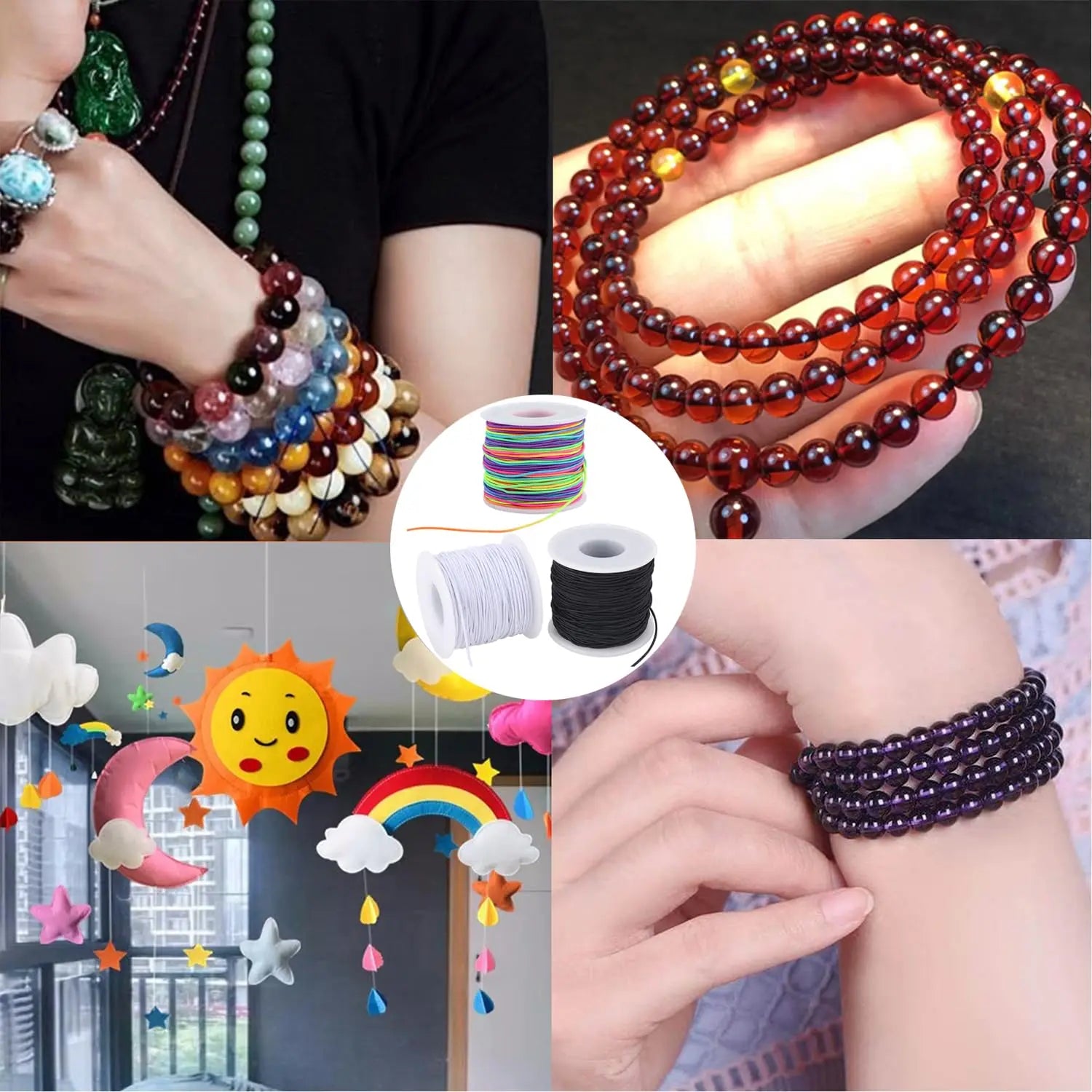 Stretchy String for Bracelets, 3 Rolls 1 mm 495 Feet Sturdy Elastic String Cord for Jewelry Making, Necklaces, Beading and Crafts (1.0mm (Black&Wihte&Rainbow))