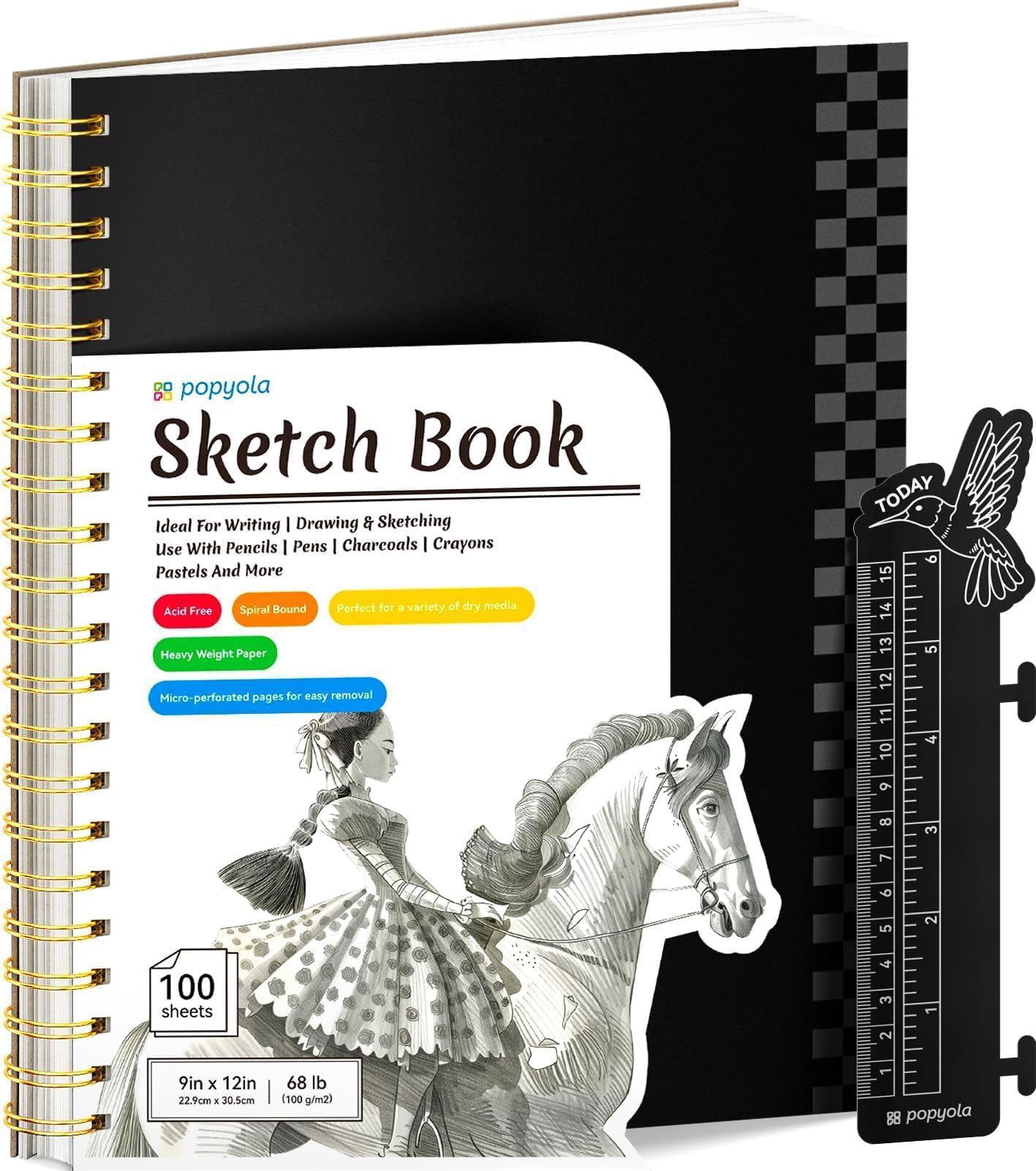 POPYOLA 9" x 12" Sketch Book with Bookmark Ruler, 100 Sheets Spiral Sketchbook for Drawing (68lb/100gsm), Acid Free Sketch Pad Artist Sketching Drawing Paper for Kids Teens Adults Artists