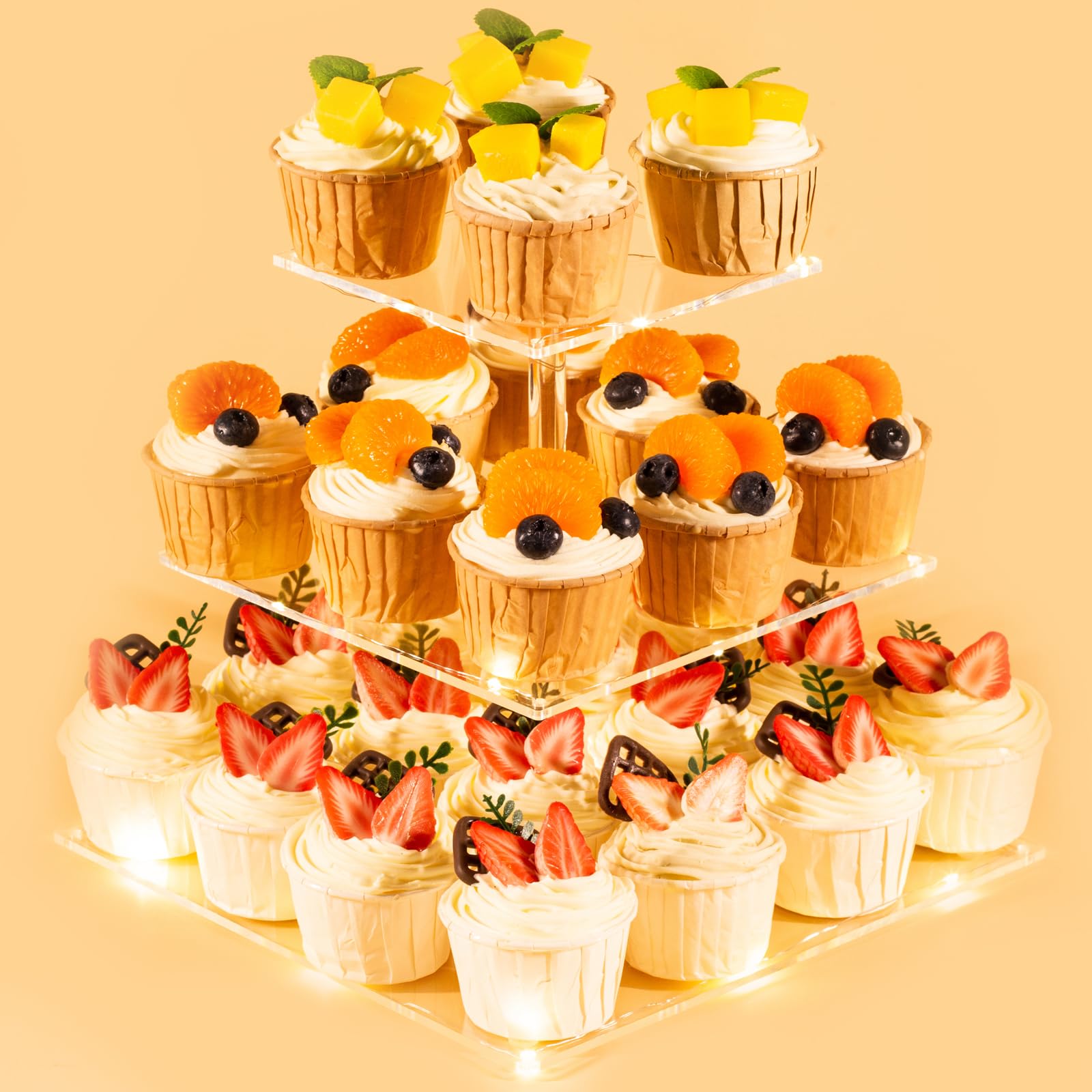 HENABLE 3 Tier Cupcake Stand Cupcake Holder, Acrylic Cupcake Tower with LED Yellow Light for 24 Cupcakes, Dessert Table Display Set for Birthday, Bar, Decor Weddings, Parties Events