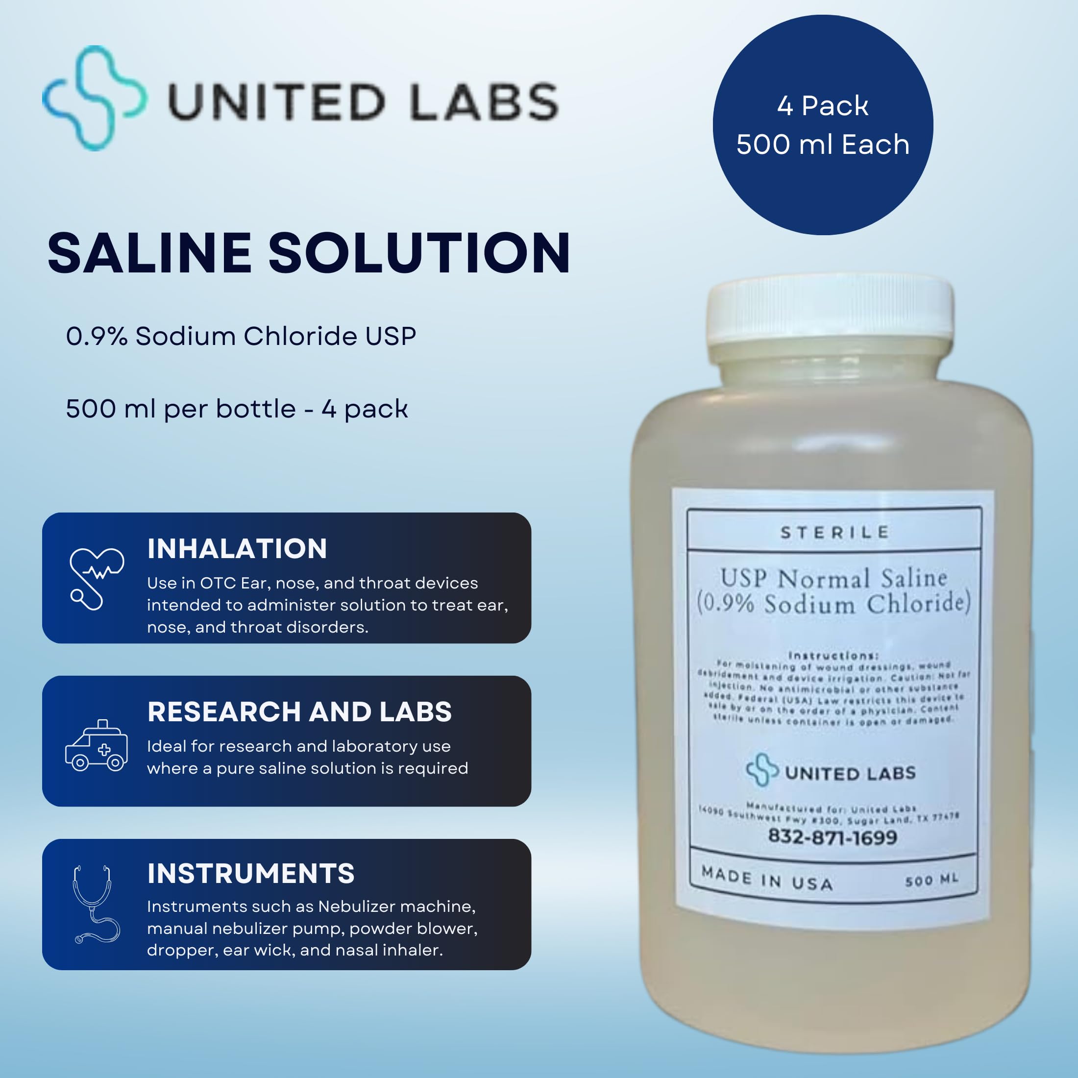 0.9% Sterile Saline Solution USP Normal 0.9% Sodium Chloride – Made in USA - 4 Pack Each 500 ml (2,000 ml Total)