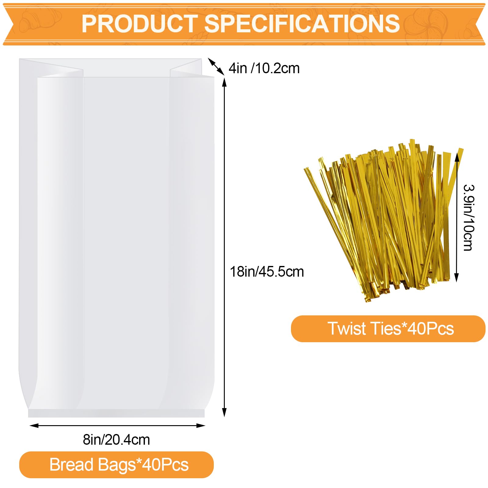 Vivinin 70 Pack Clear Bread Bags (8" x 4" x 18") & 100 Pack Ties - Reusable Plastic Storage Bags for Homemade Loaves, Bakers, and Bakery Owners