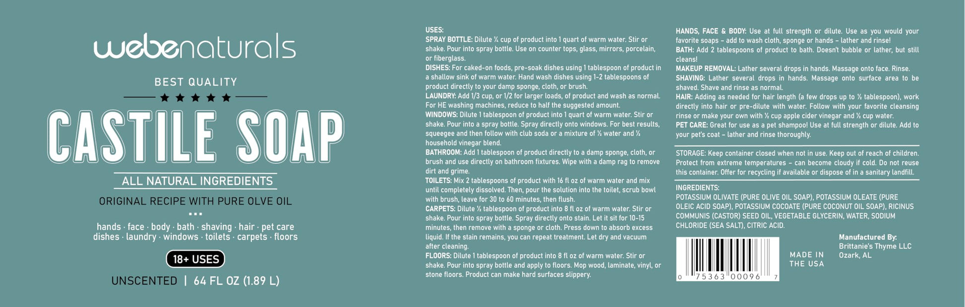 WEBE Pure Unscented Castile Liquid Soap Refill, 64 Ounce | Vegan & Gluten Free Non-GMO, For Face, Body Wash, Dishes, Pets & Laundry