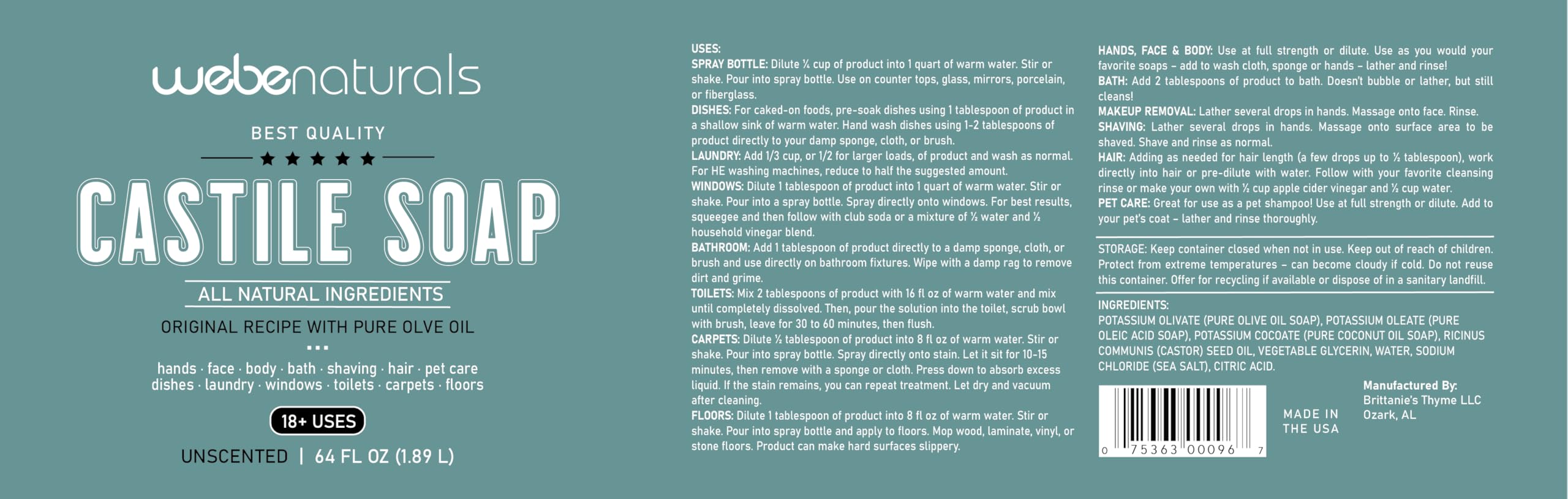 WEBE Pure Unscented Castile Liquid Soap Refill, 64 Ounce | Vegan & Gluten Free Non-GMO, For Face, Body Wash, Dishes, Pets & Laundry