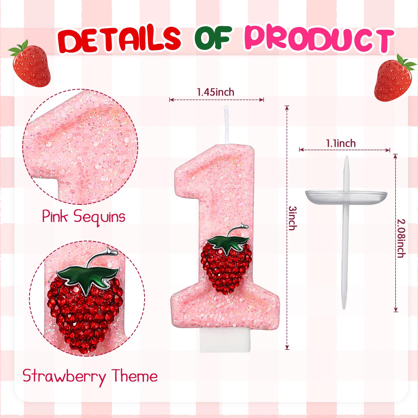 Conelist Strawberry 1 Candle for First Birthday Pink Number 1 Candle Berry One Glitter Cake Topper for Strawberry 1st Birthday Party Supplies Anniversary Decorations