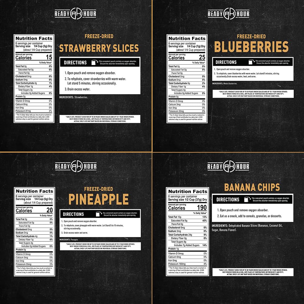 Ready Hour, Fruit & Veggie Mix, Non-Perishable Freeze-Dried Food, 30-Year Shelf Life, Portable Emergency and Adventure Food Supply, Durable Flood Safe Container, 56 Servings