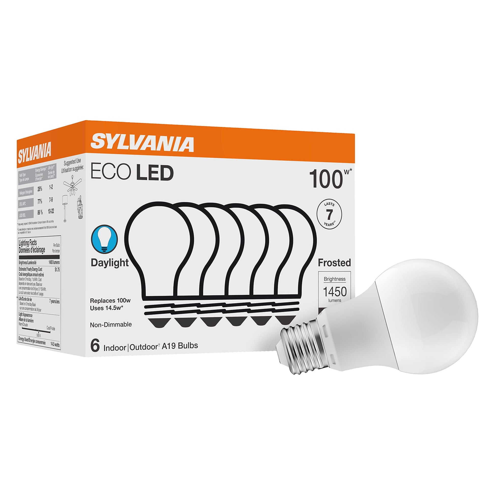 SYLVANIA ECO LED Light Bulb, A19 60W Equivalent, Efficient 9W, 7 Year, 750 Lumens, 2700K, Non-Dimmable, Frosted, Soft White - 8 Count (Pack of 1) (40821)