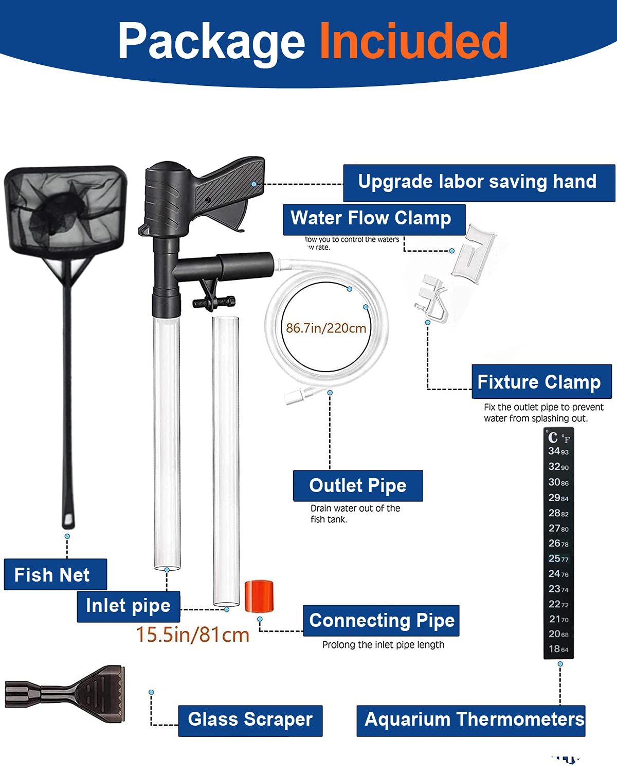 QZQ Aquarium Gravel Cleaner [2025 Edition] Vacuum Fish Tank Vacuum Cleaner Tools for Aquarium Water Changer with Aquarium Thermometers Fish Net kit Use for Fish Tank Cleaning Gravel and Sand