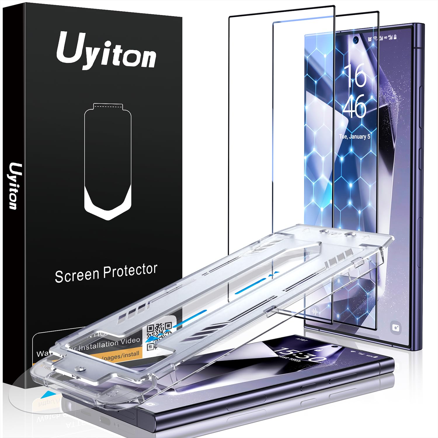 Uyiton UnBreak-Glass for Samsung Galaxy S24 Ultra Screen Protector, [Ultrasonic Fingerprint Support][Auto-Alignment Frame] Scratch-Resistant Bubble-Free S24 Ultra Screen Protector(6.8'' 5G), 2 Pack