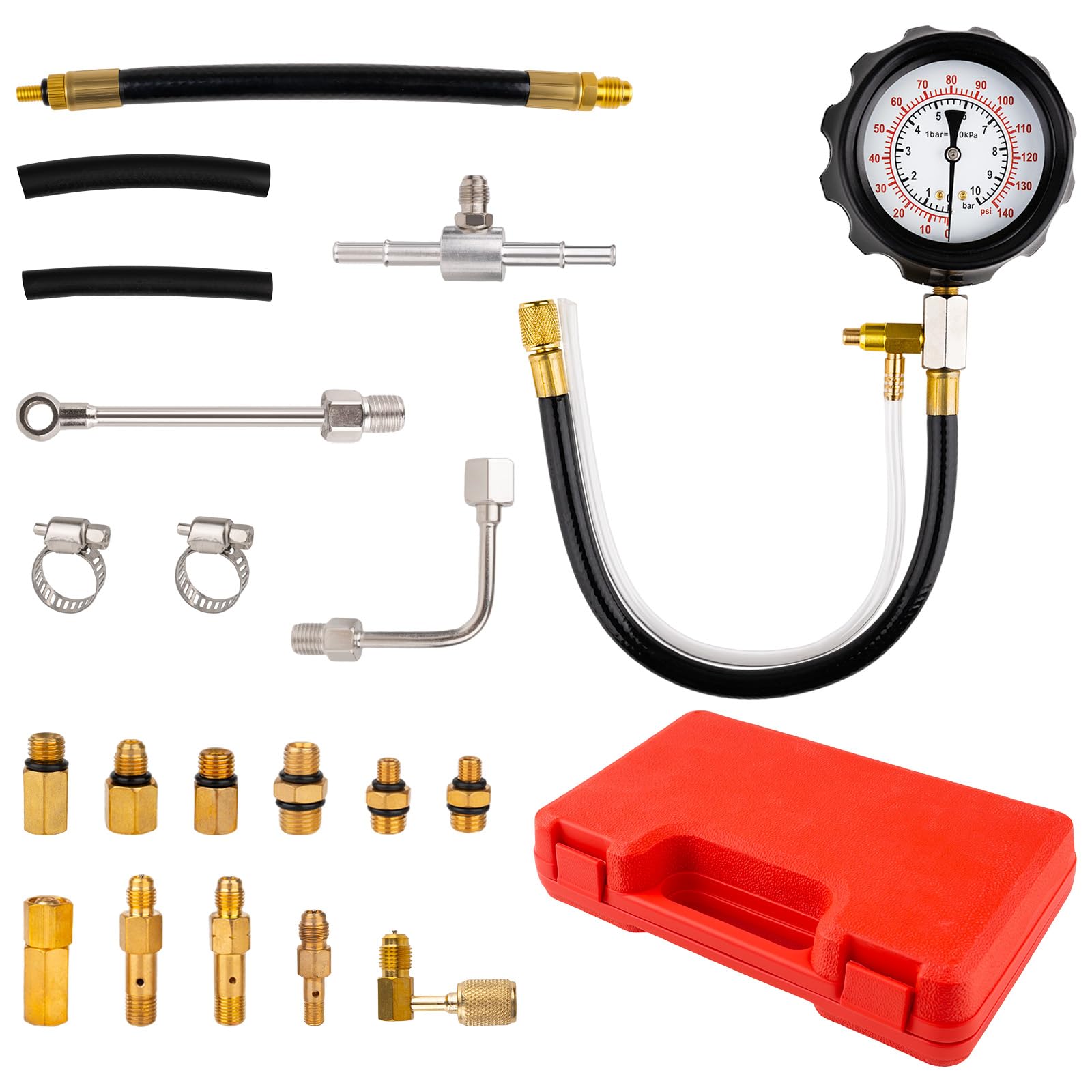 0-140PSI Fuel Pressure Tester Kit, Fuel Injector Injection Pump Pressure Gauge, Fuel Pump Pressure Tester Diagnostic Tool for Gasoline Cars, Trucks, Motorcycles and RVs