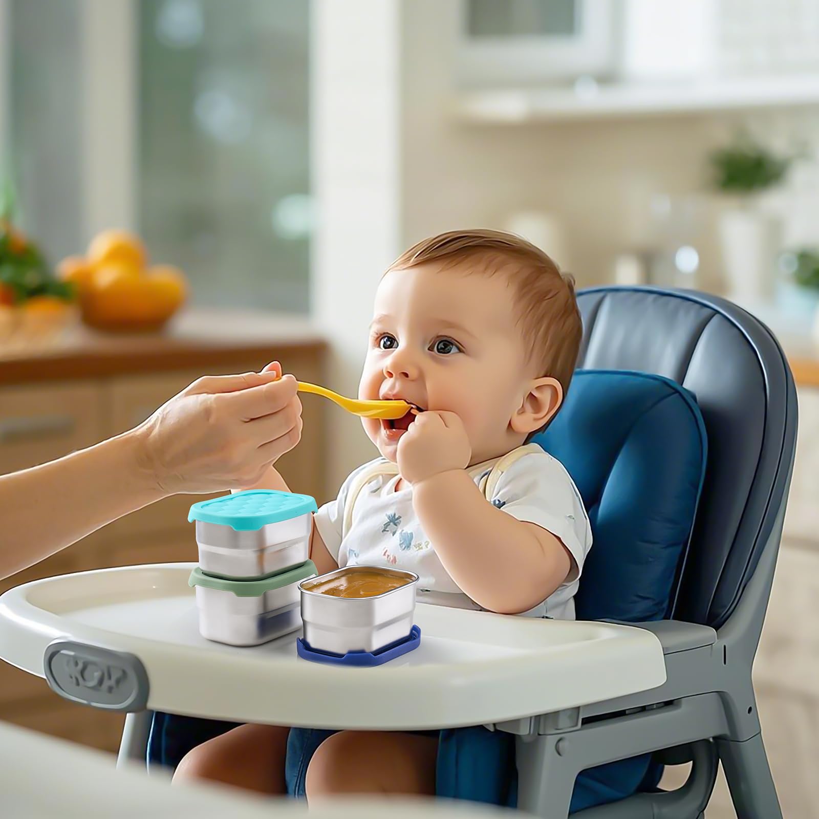 Gencywe 3 Pack Stainless Steel Snack Containers for Kids, 8 oz Easy Open Leak Proof Small Toddler Snack Containers with Silicone Lids, Stackable Metal Lunch Box for Daycare and School (Blue)