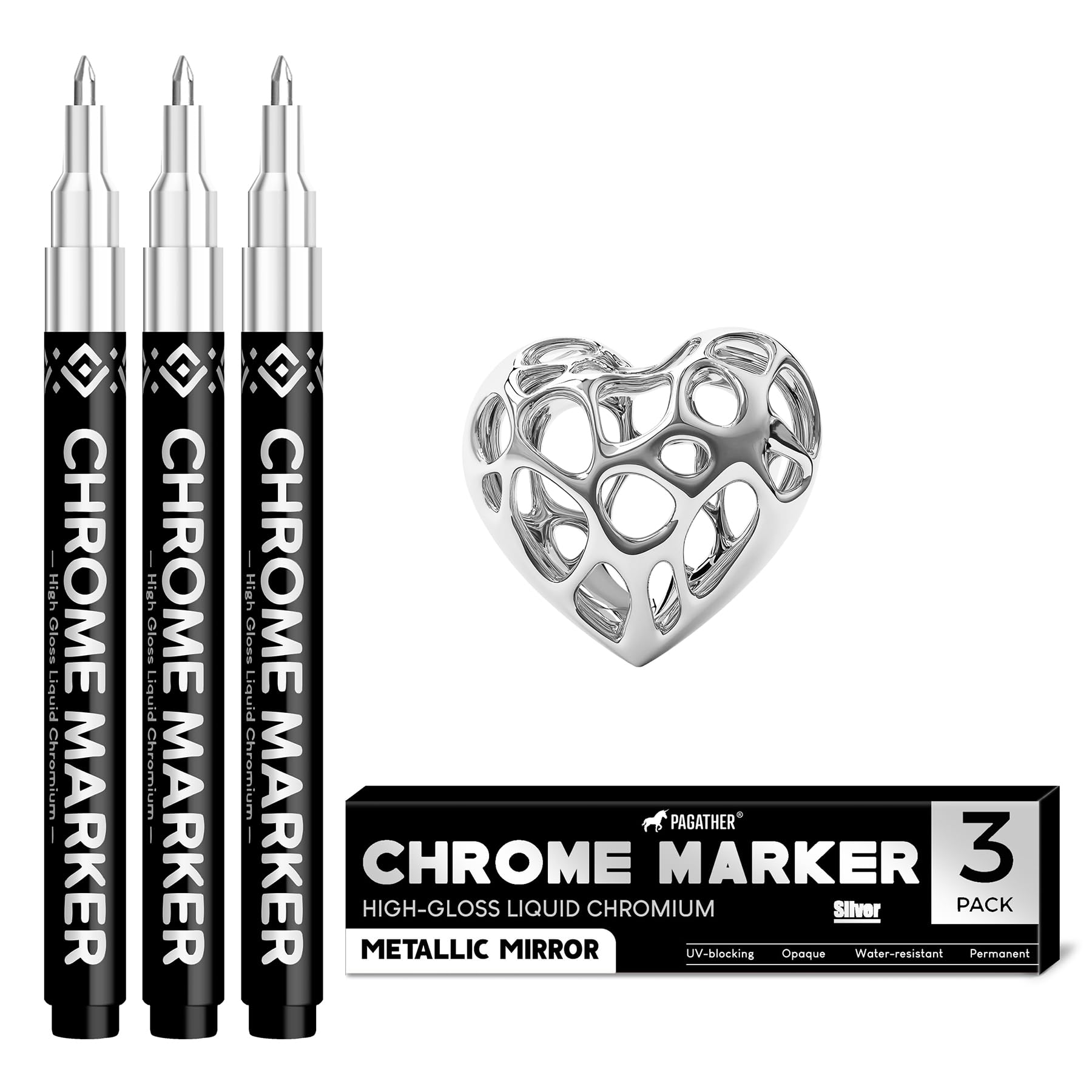 3Pcs Chrome Paint Markers, Silver Permanent Mirror Liquid Chrome Pens for Plastic, Metal, Model, Jewelry, Wheel Painting, Touch Up & Repair Kit, DIY Art Projects