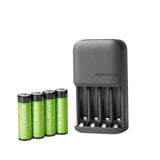 Amazon Basics - 4 Bay Battery Charger for AA & AAA Rechargeable Batteries with Rechargeable AA NiMh Batteries, 4 Count (Pack of 1), Type A (American) Plug, Black