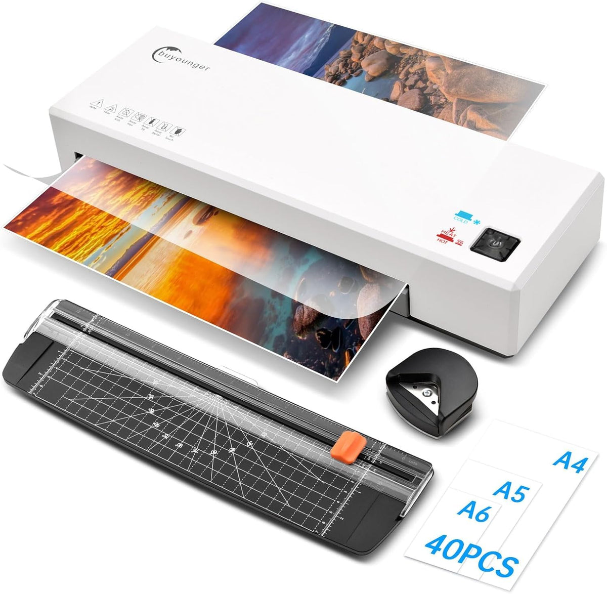 Buyounger Laminator Machine with 40 Laminating Sheets, A4 Laminator Thermal and Cold with Paper Trimmer & Corner Rounder, 9-Inch Laminating Machine for Home School Office