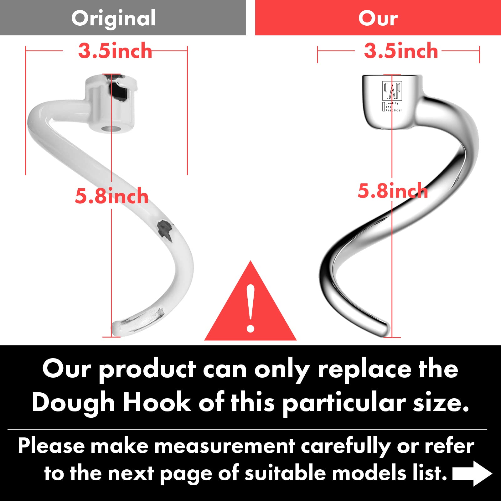 Stainless Steel Spiral Dough Hook Replacement for KitchenAid 4.5QT & 5QT Bowl Tilt-Head Stand Mixers, Rustproof & Easy Clean, Efficient Kneading for Bread, Pizza, Pasta, Cookies