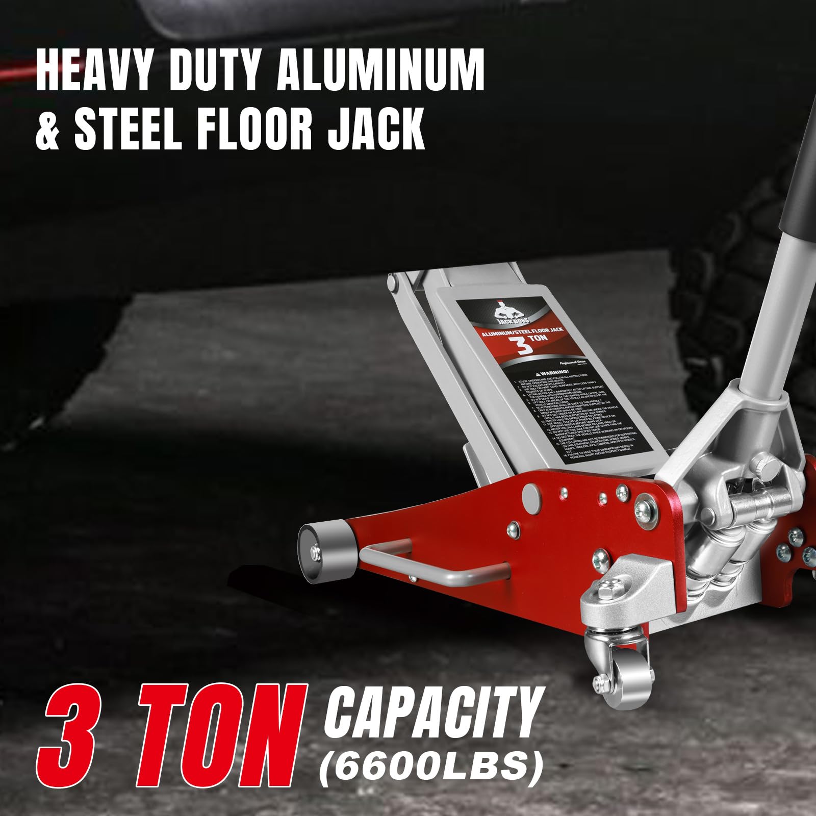Jack Boss 3 Ton Low Profile, Aluminum and Steel Racing Floor Jack with Dual Pistons Quick Lift Pump for Sport Utility Vehicle, Lifting Range 3-15/16" min to 18-5/16" max, Net Weight 58.5 lb, Red