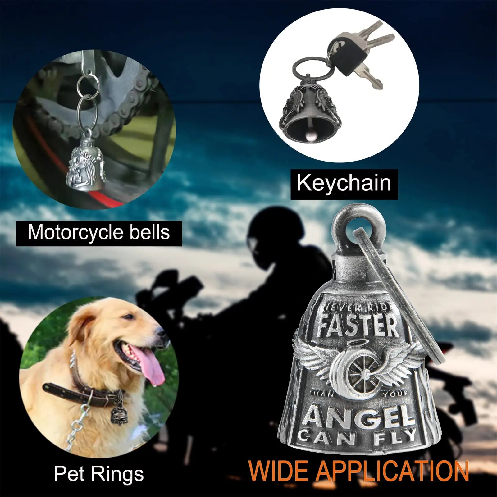 Motorcycle Bells for Bikers Guardian Angel Gremlin Motorcycle Bells for Motorcycle Rider Key Chain for Luck (Never Rider Faster Than Your Angel Can)