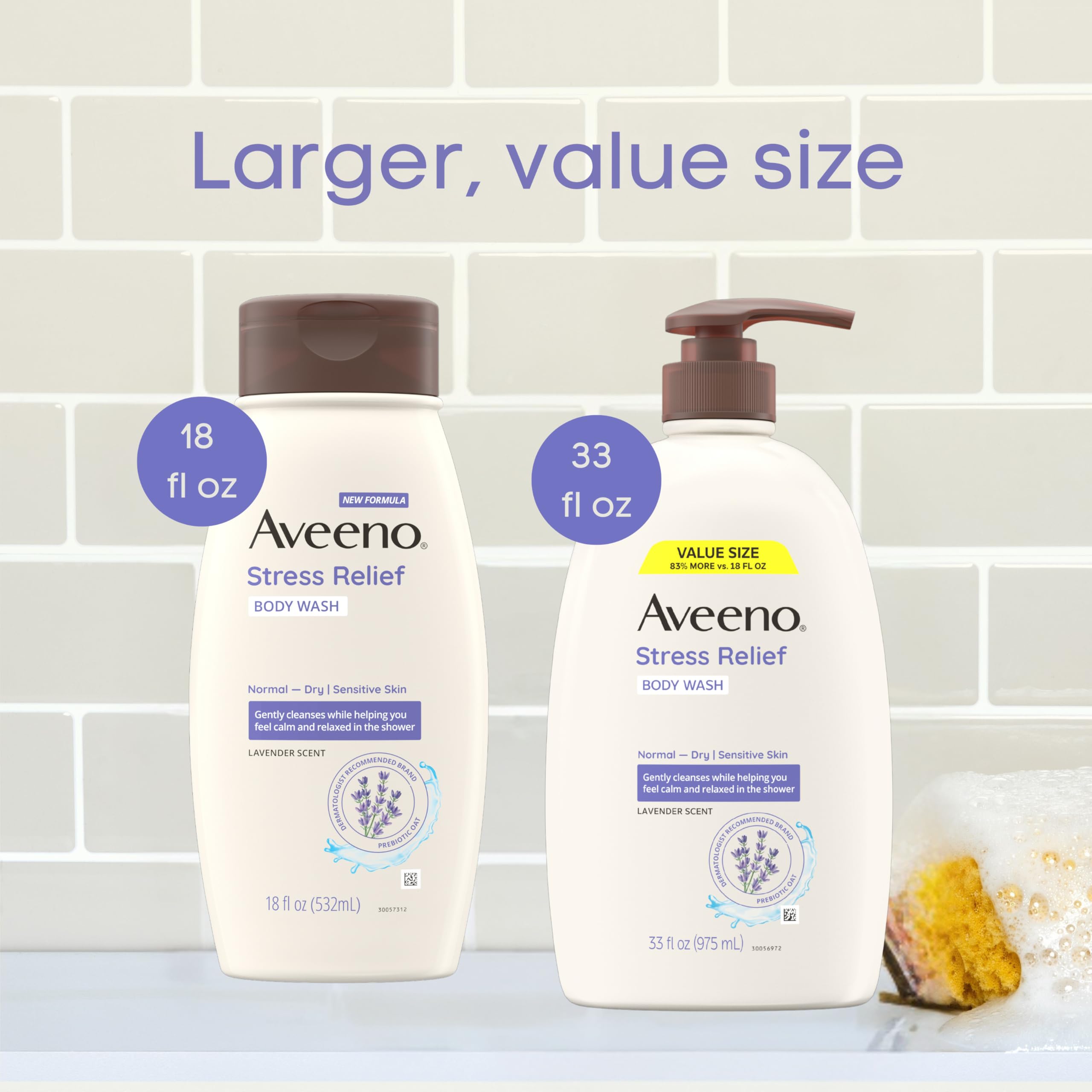 Aveeno Stress Relief Body Wash with Nourishing Oat & Lavender Scent for Sensitive Skin, Gently Cleanses & Helps You Feel Calm & Relaxed in the Shower, Soap-Free, 33 fl. oz