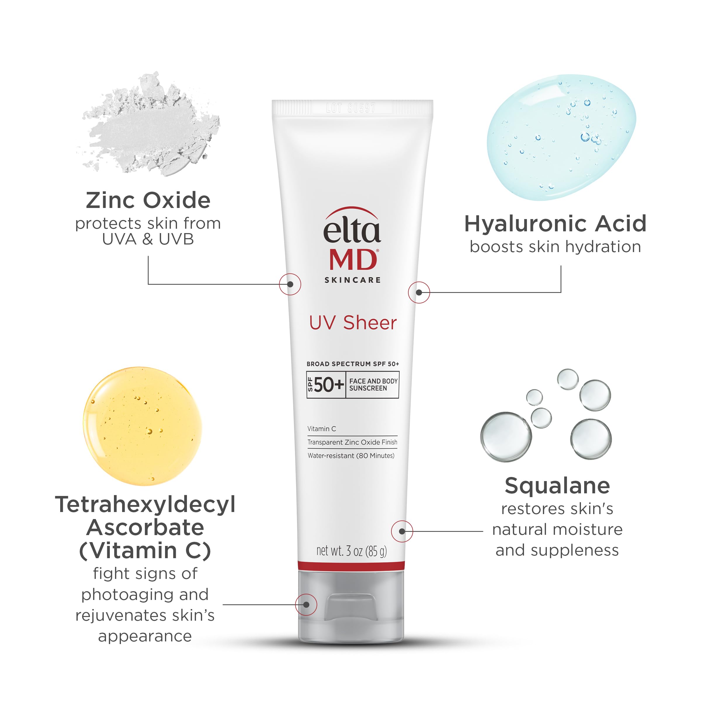 EltaMD UV Sheer Face Sunscreen, SPF 50+ No White Cast Sunscreen for Face and Body, Zinc Oxide Sunscreen Formula, 3.0 oz Tube