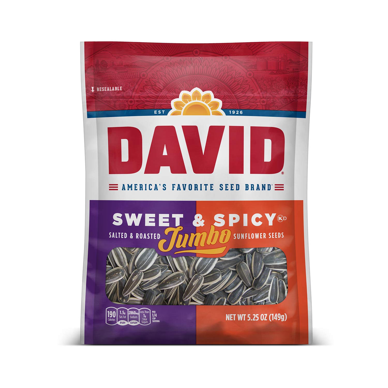 DAVID Roasted and Salted Jumbo Sunflower Seeds, Sweet and Spicy Flavor, 5.25oz.