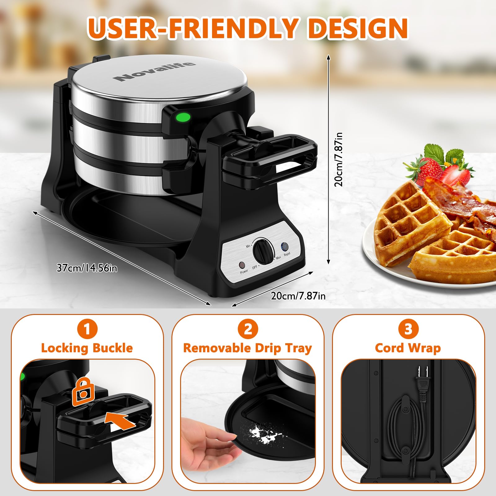 Waffle Maker, 1400W Belgian Waffle Maker, Double Waffle Iron 180° Flip, Rotating Nonstick Plates, Adjustable Browning Control, Locking Buckle & Cool Touch Handle, Removable Drip Tray, Stainless Steel