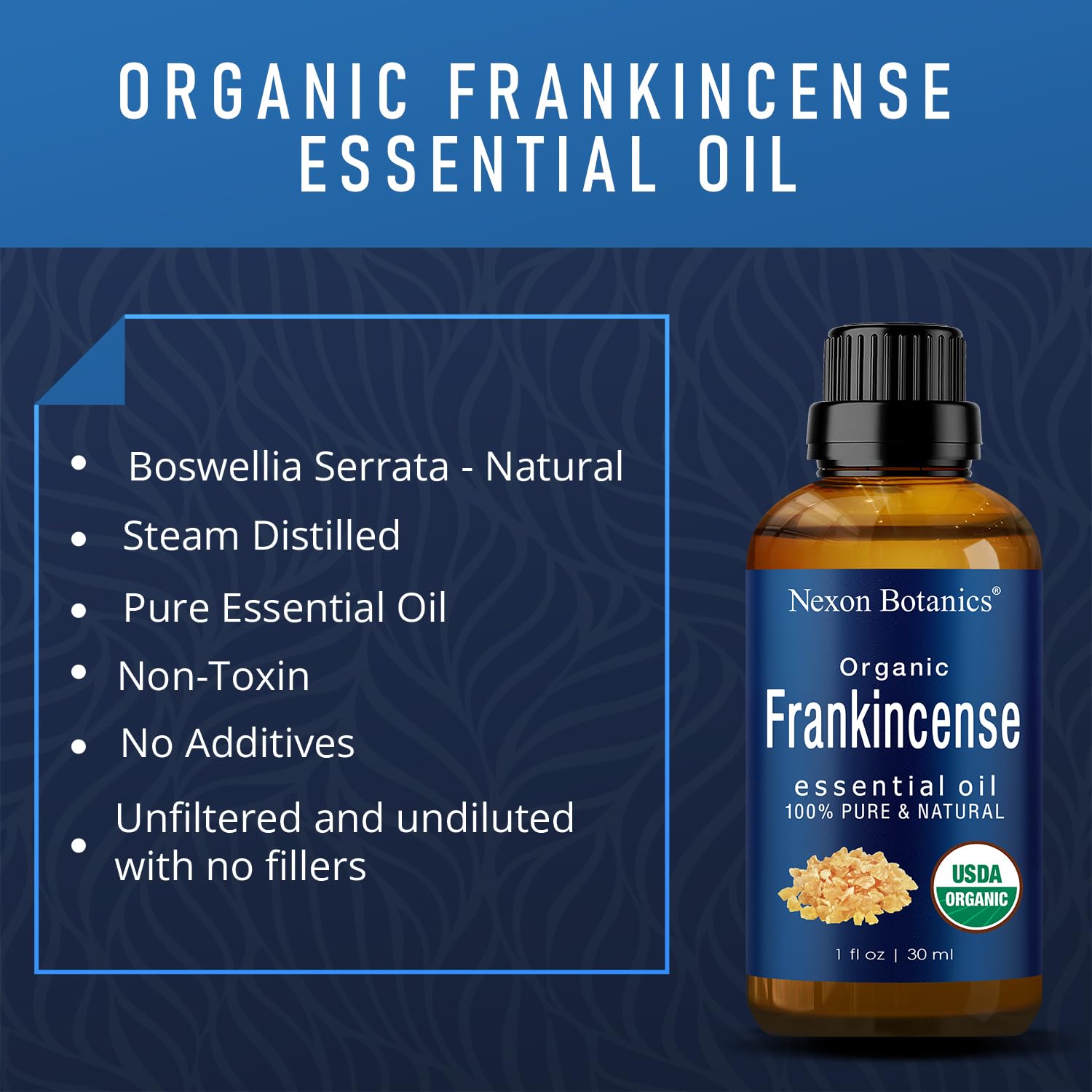 Organic Frankincense Essential Oil 30 ml - Boswellia Serrata - Natural, Pure Frankincense Oil for Diffuser, Aromatherapy - Therapeutic Grade - Skin Use and Hair Care Benefits from Nexon Botanics