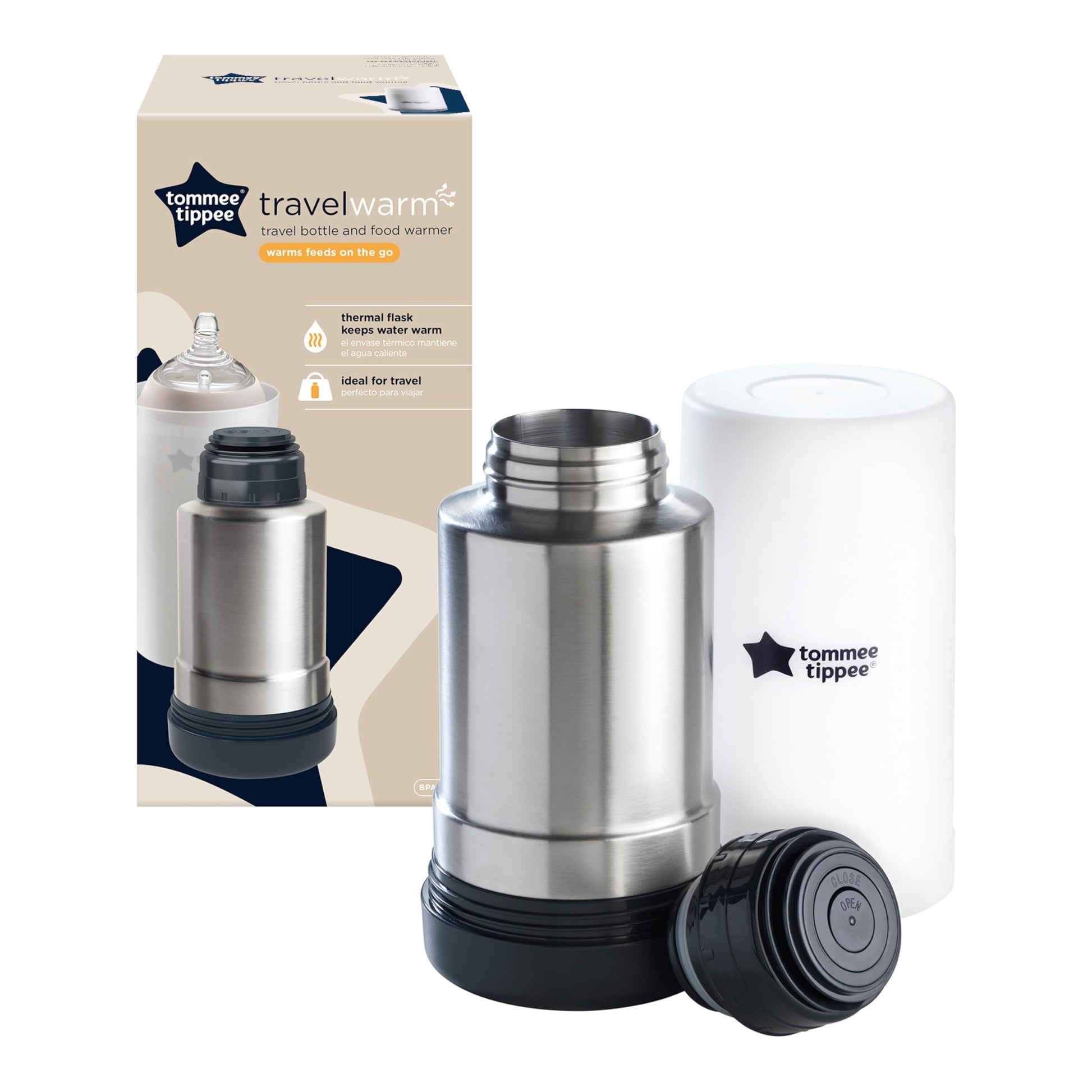 Tommee Tippee Portable Travel Baby Bottle and Food Warmer, Thermal Insulation, Stainless-Steel Flask with Leak-Proof Lid