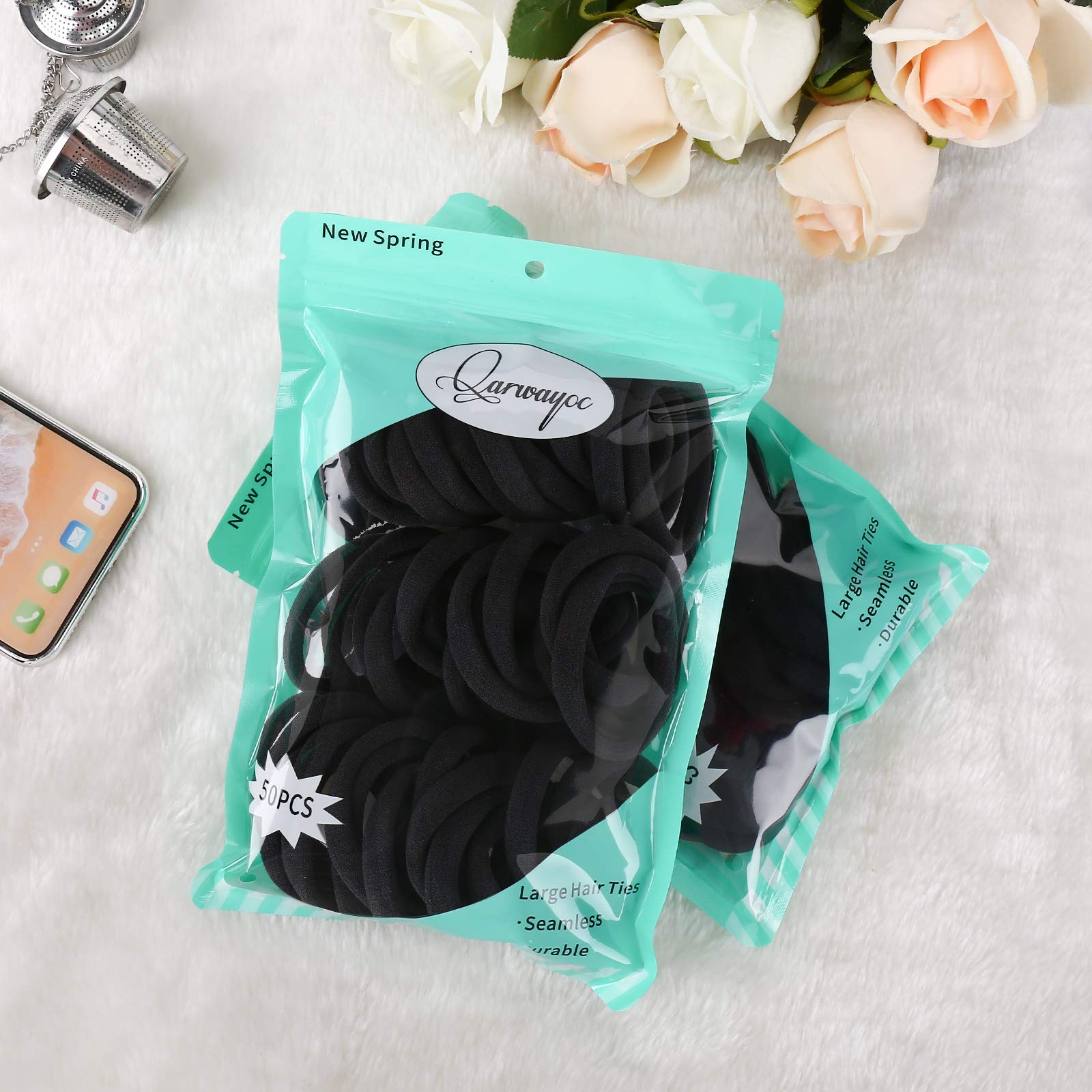 50PCS Black Hair Ties for Women, Cotton Seamless Hair Bands, Elastic Ponytail Holders, No Damage for Thick Hair, 2 Inch in Diameter, by Nspring