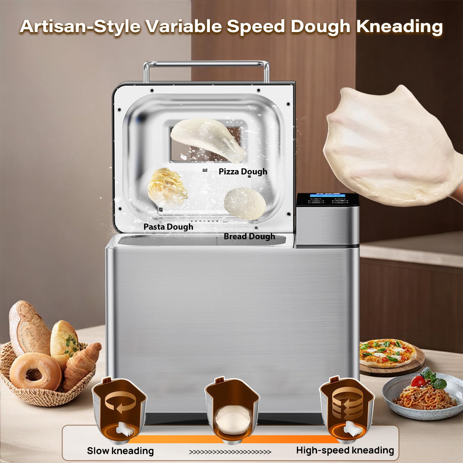 KBS Pro Stainless Steel Bread Machine, 2LB 17-in-1 Programmable XL Bread Maker with Fruit Nut Dispenser, Nonstick Ceramic Pan& Digital Touch Panel, 3 Loaf Sizes 3 Crust Colors, Reserve& Keep Warm Set