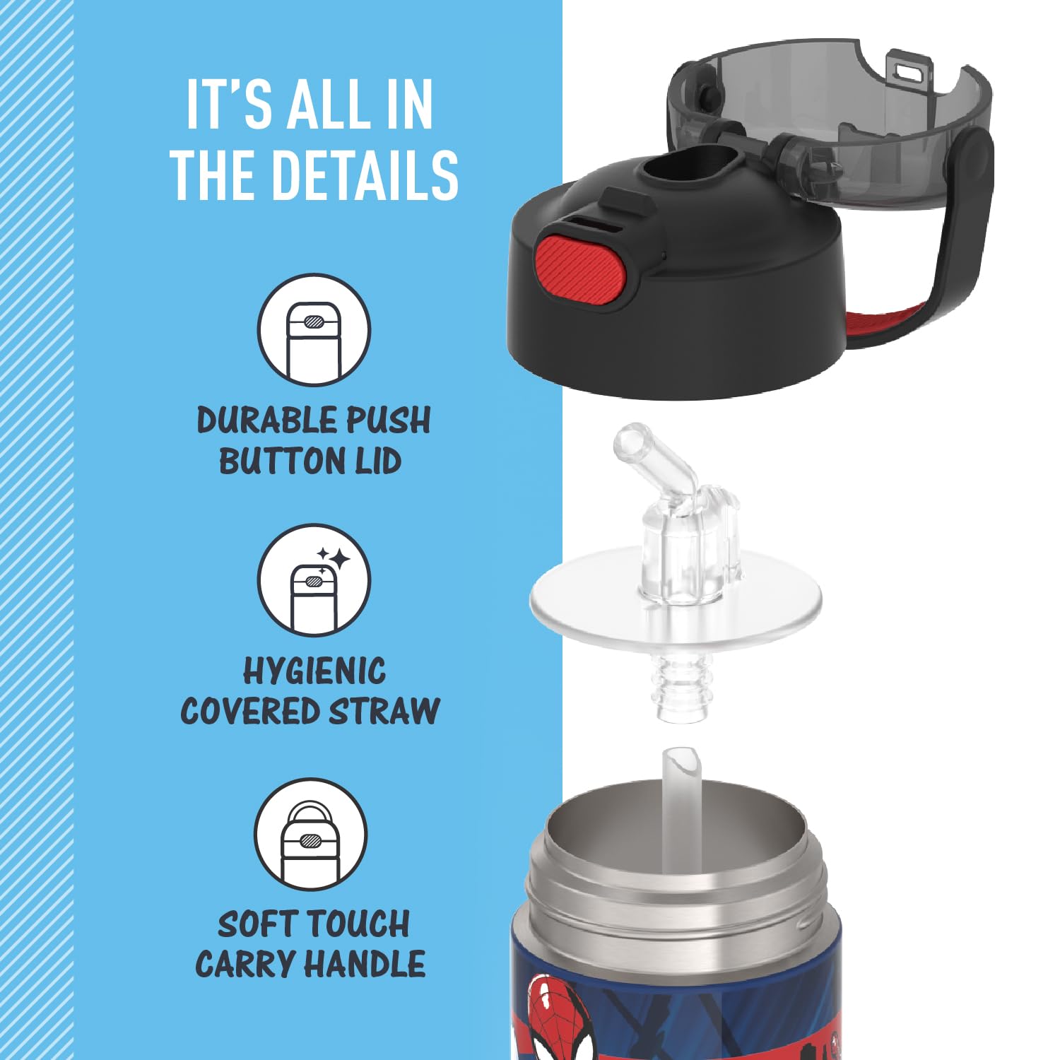 THERMOS FUNTAINER Water Bottle with Straw - 12 Ounce - Kids Stainless Steel Vacuum Insulated Water Bottle with Lid, Spider-Man